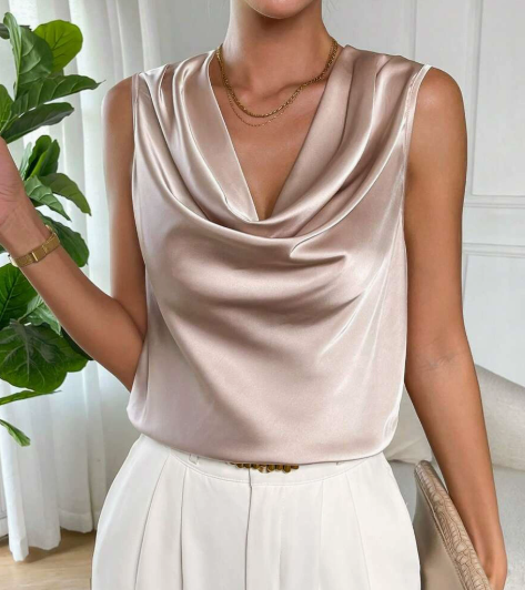 Women Satin Shirt Women Spring Summer Embellished Pleated Sleeveless Satin Faux Silk Shirt Top