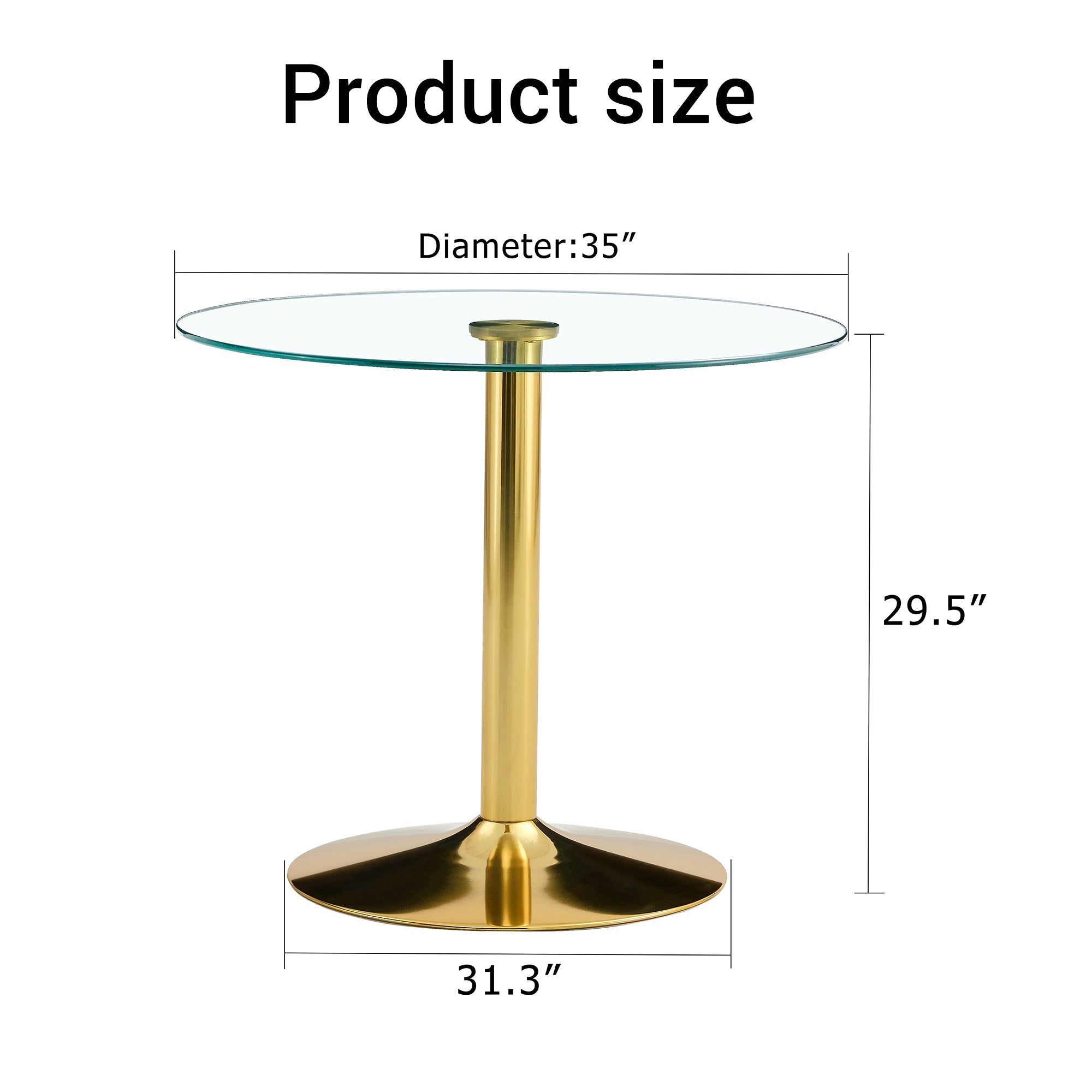 A 35-inch diameter glass top and a modern, minimalist round dining table with gold metal legs. Ideal for dining rooms, living rooms and meeting rooms.W1151P263755