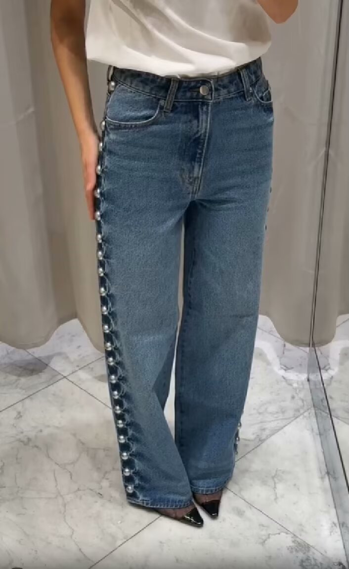 Women Clothing Summer Street Design Rivet Denim Straight Leg Pants