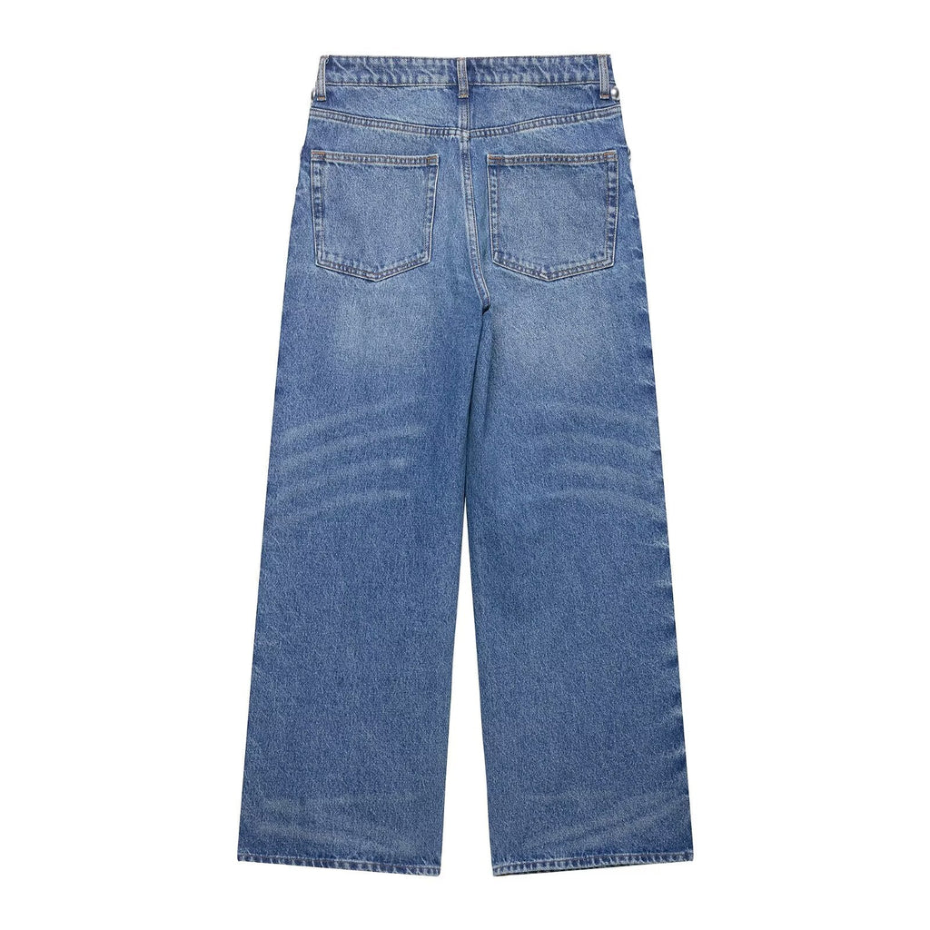 Women Clothing Summer Street Design Rivet Denim Straight Leg Pants