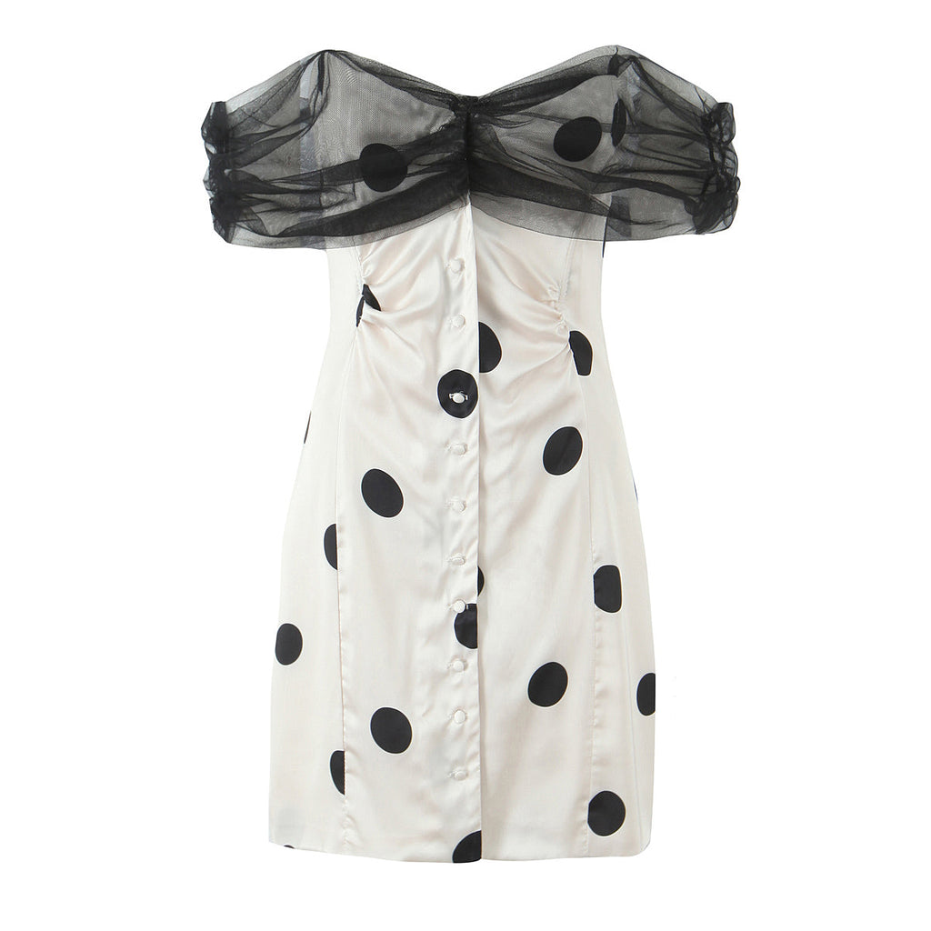 Summer Women off Neck Hip Dress Slim Fit Buttoned Mesh Stitching Polka Dot Tube Top Dress