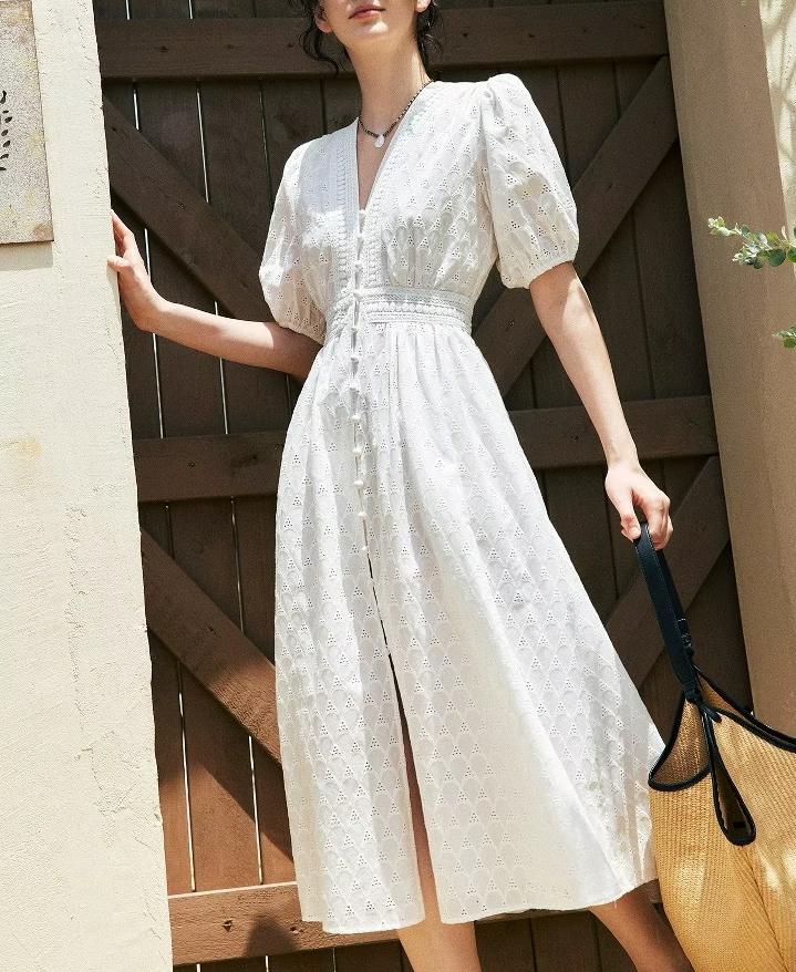 Mid Length Lace Cotton Embroidery Tea Dress
