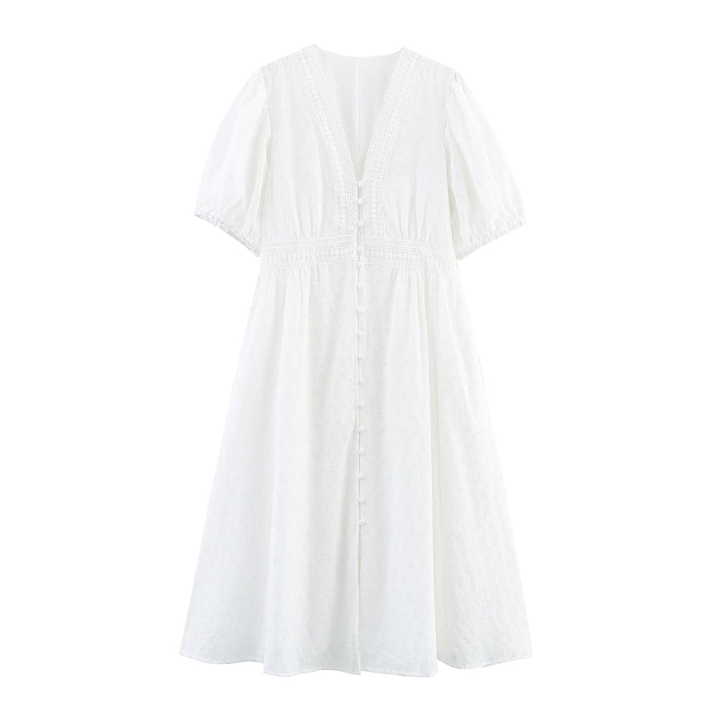 Mid Length Lace Cotton Embroidery Tea Dress