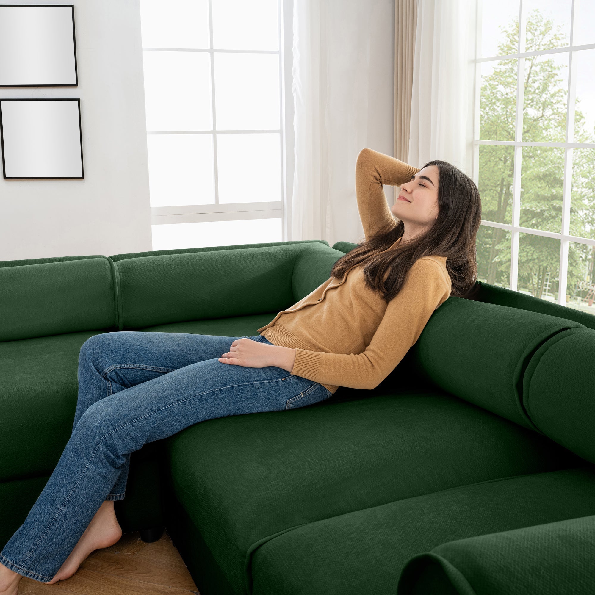 Elegant Green Chenille  Sofa with Storage Seat and Ottoman, U-Shaped 3-Seater Cylindrical Backrest and Armrests, Contemporary 3-Seater Fabric Couch with Hidden Storage Compartment