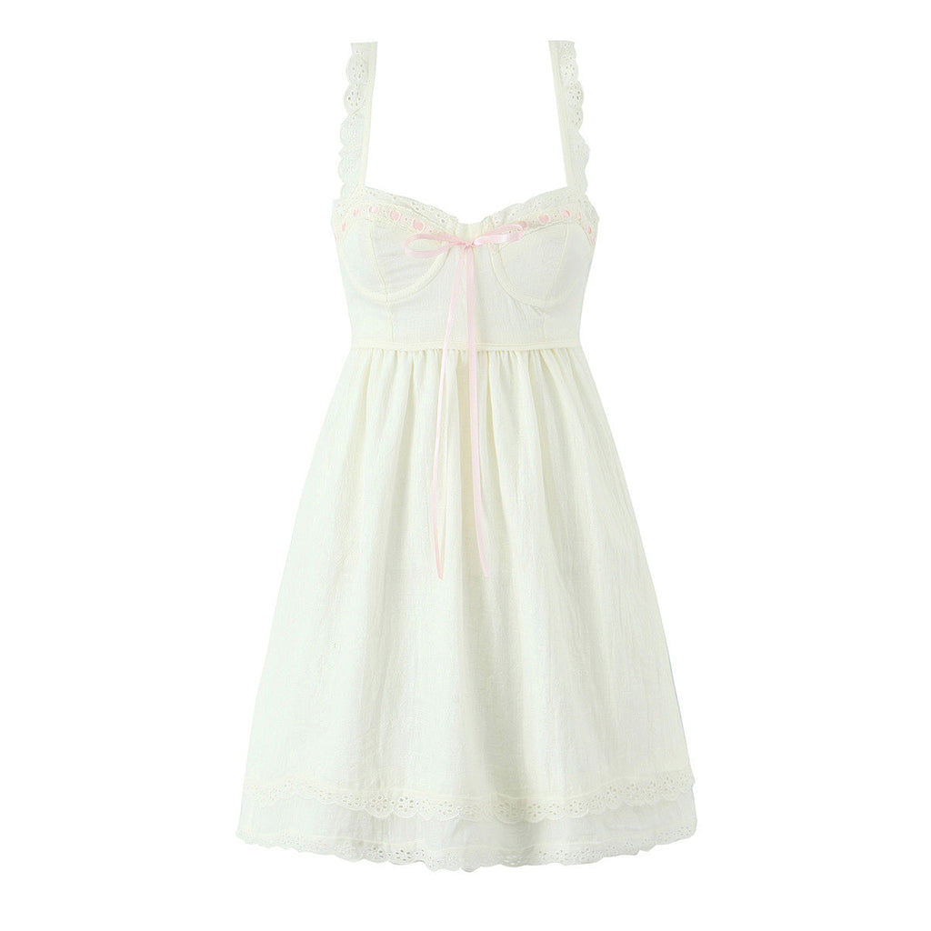 French Slim Fit V neck Lace Lace up Waist Controlled A line Sling Dress