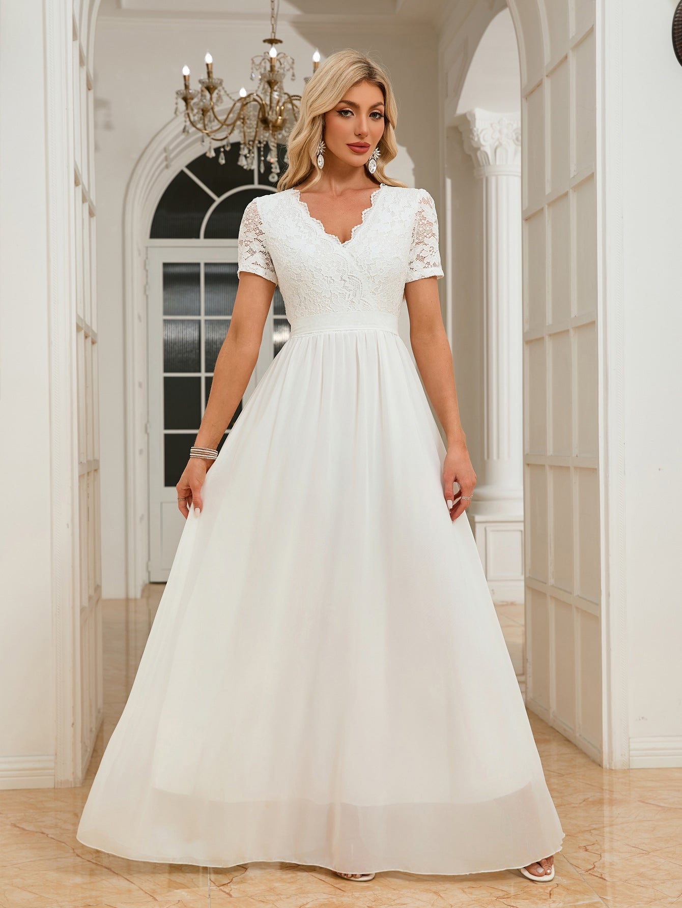 Women Clothing Short Sleeve V neck Slim Fit Dress Dinner Formal Dress