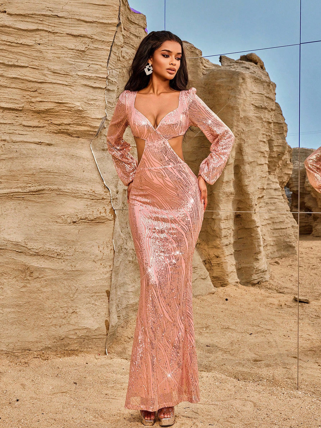 Women Evening Dresses Long Sleeve Beauty V neck Sexy Backless Dress Long Sequined Women Clothing Dress