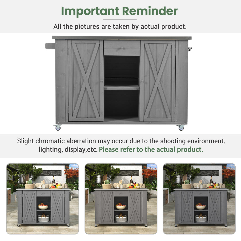 Outdoor Kitchen Island Fir Wood Kitchen Island with Stainless Steel Top, Ample Storage, Towel and Spice Racks, Bottle Opener, Grey