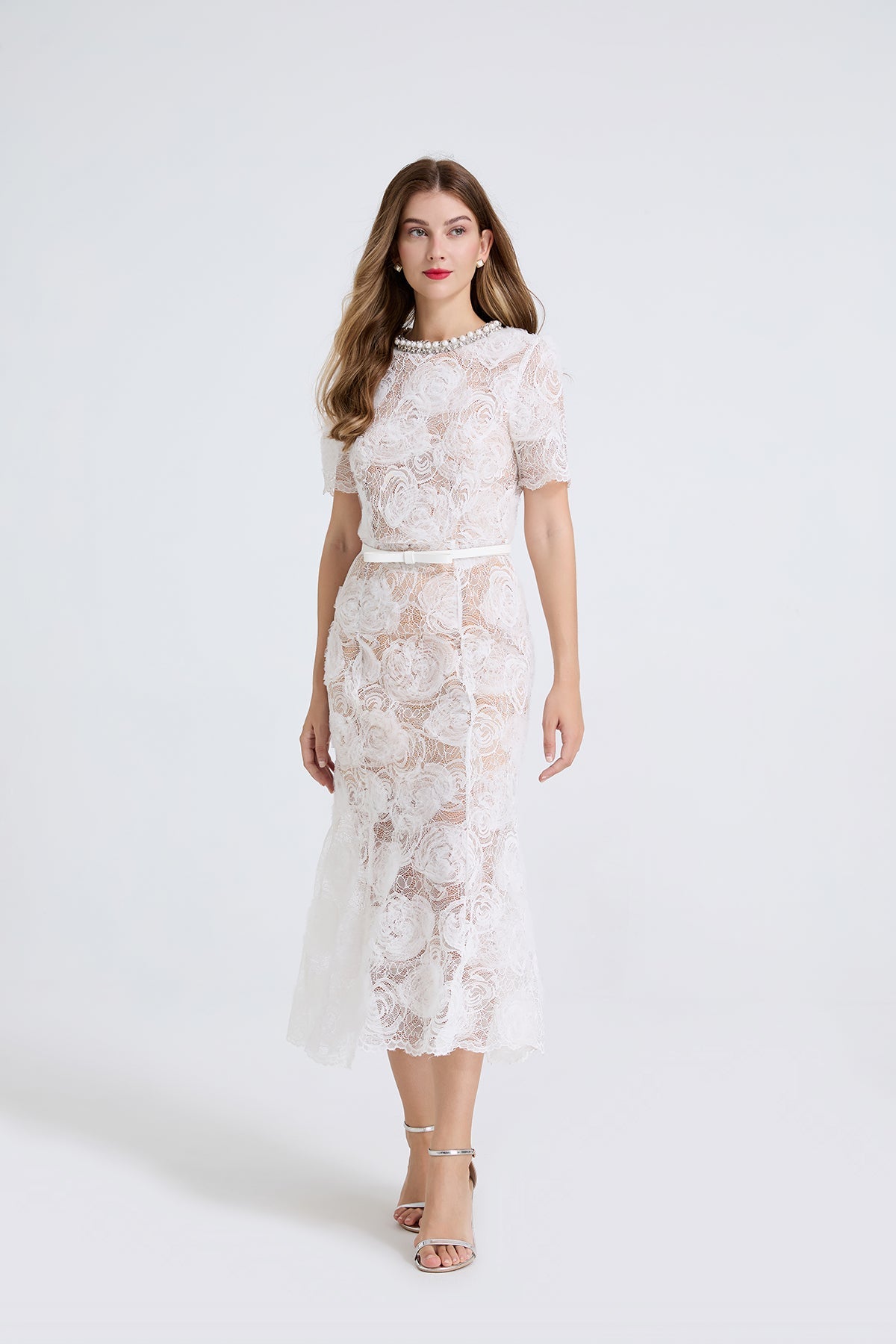 Women Sheer Lace Beaded Rhinestone Studded Fitted Fishtail Dress