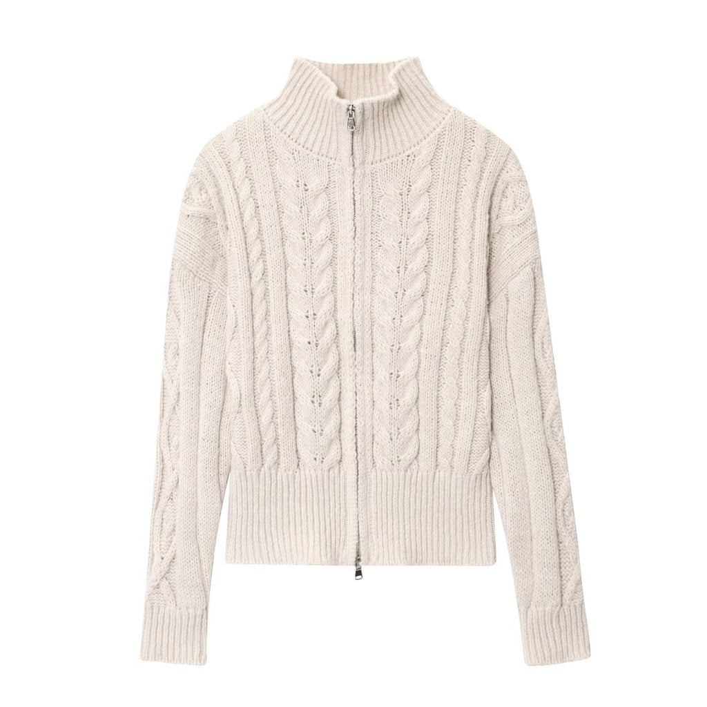Women Idle Zipped Stand Collar Long Sleeve Twist Knitted Cardigan