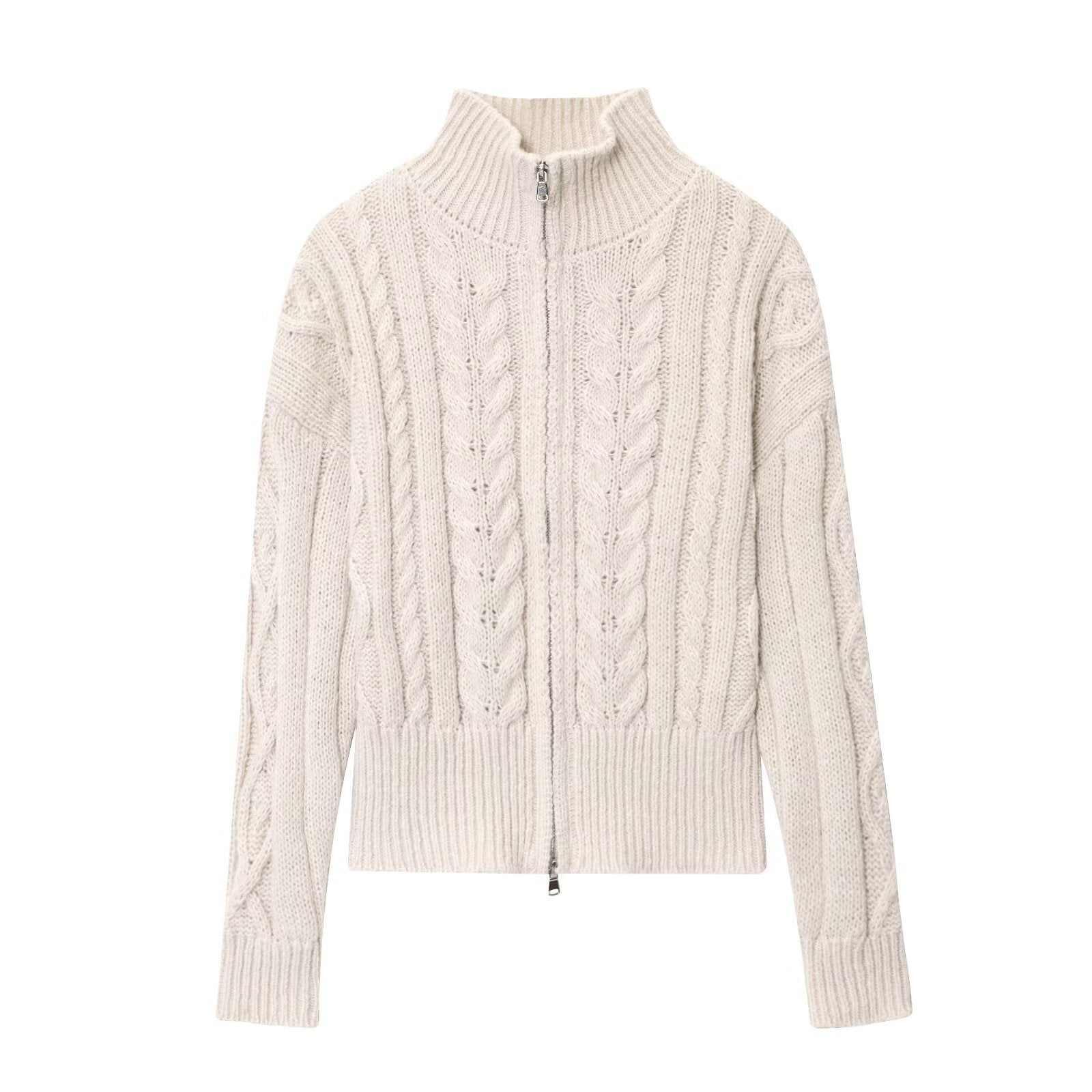 Women Idle Zipped Stand Collar Long Sleeve Twist Knitted Cardigan