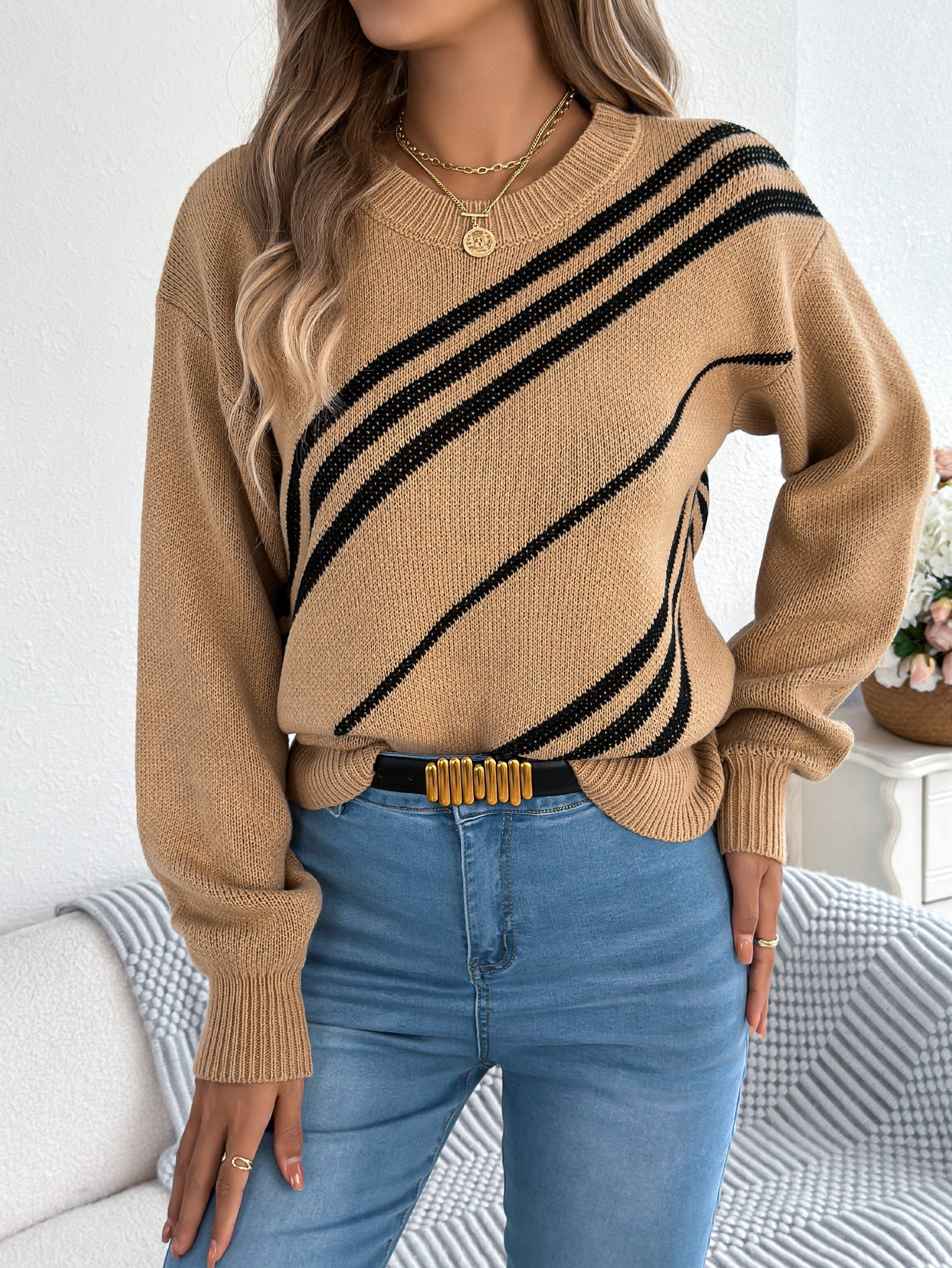 Women Clothing Autumn Winter Casual Striped round Neck Lantern Long Sleeve Pullover