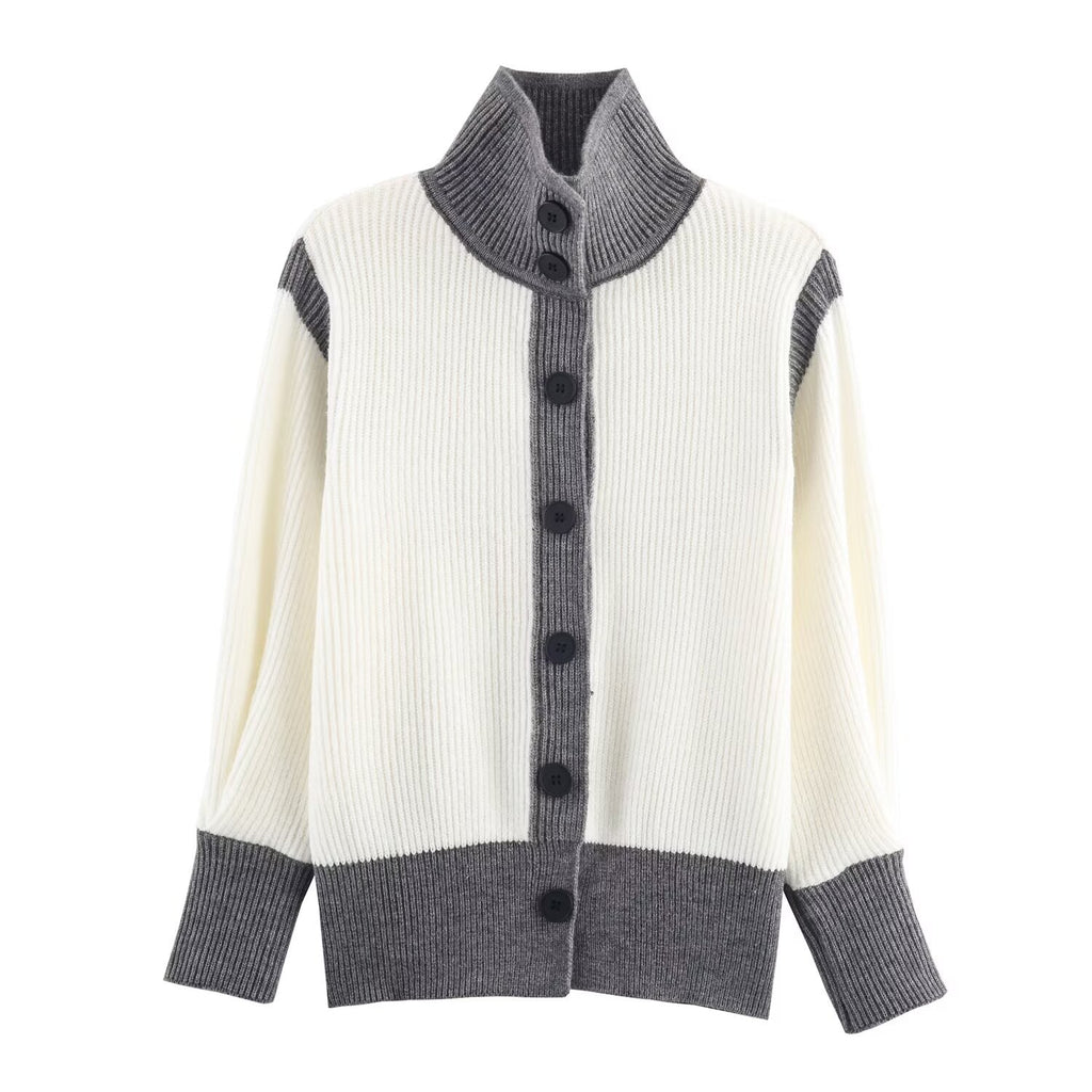 Autumn Women Casual Loose All Matching Color Stitching Knitted Cardigan