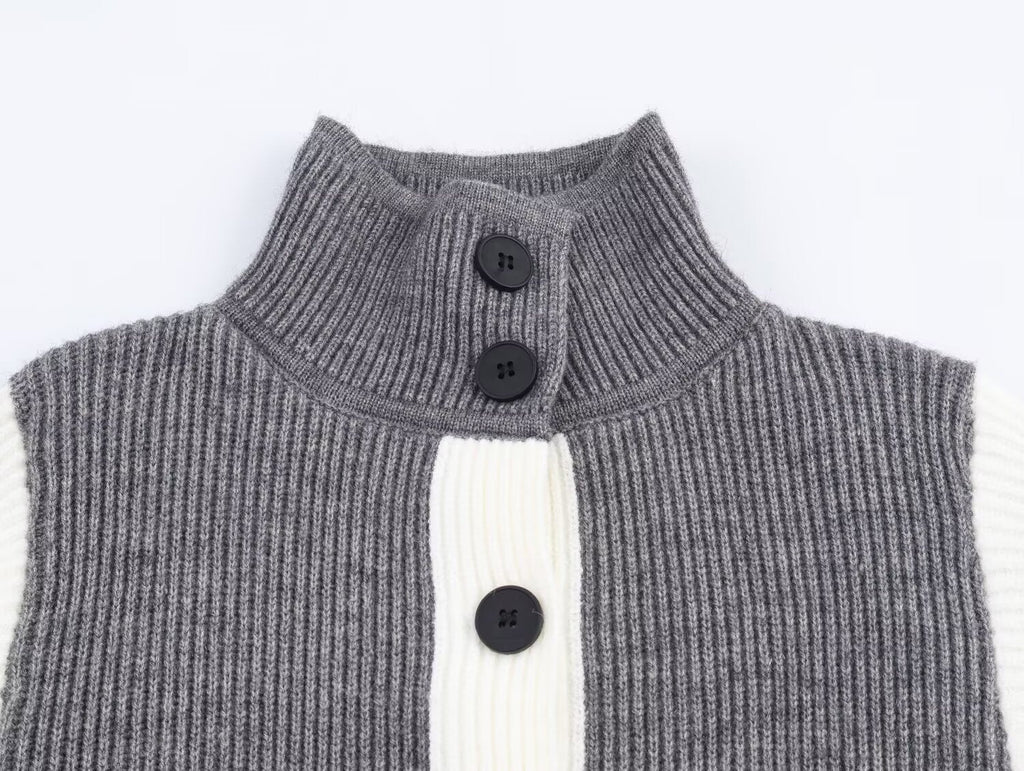 Autumn Women Casual Loose All Matching Color Stitching Knitted Cardigan