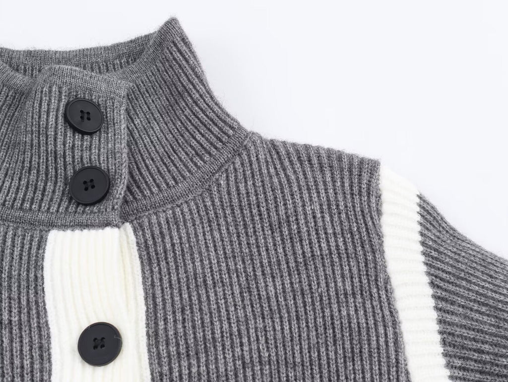 Autumn Women Casual Loose All Matching Color Stitching Knitted Cardigan