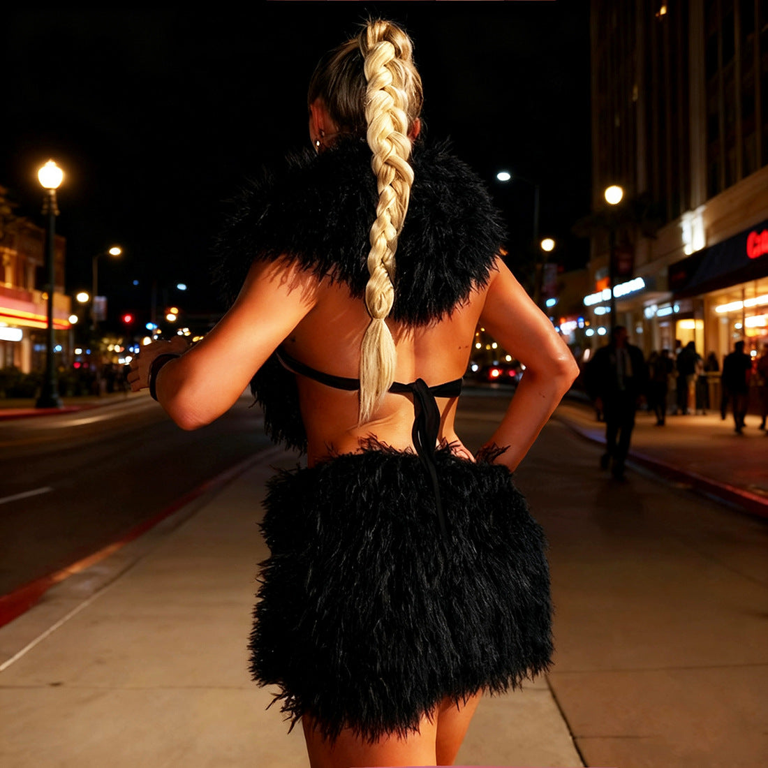 Autumn Backless Hooded Top Slimming Hip Skirt Solid Color Set for Women