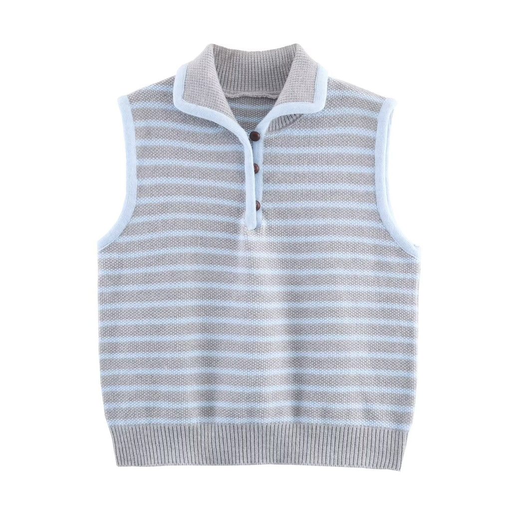 Women Clothing Fall Fresh Age Reducing Stripe Decoration Collared Short Vest