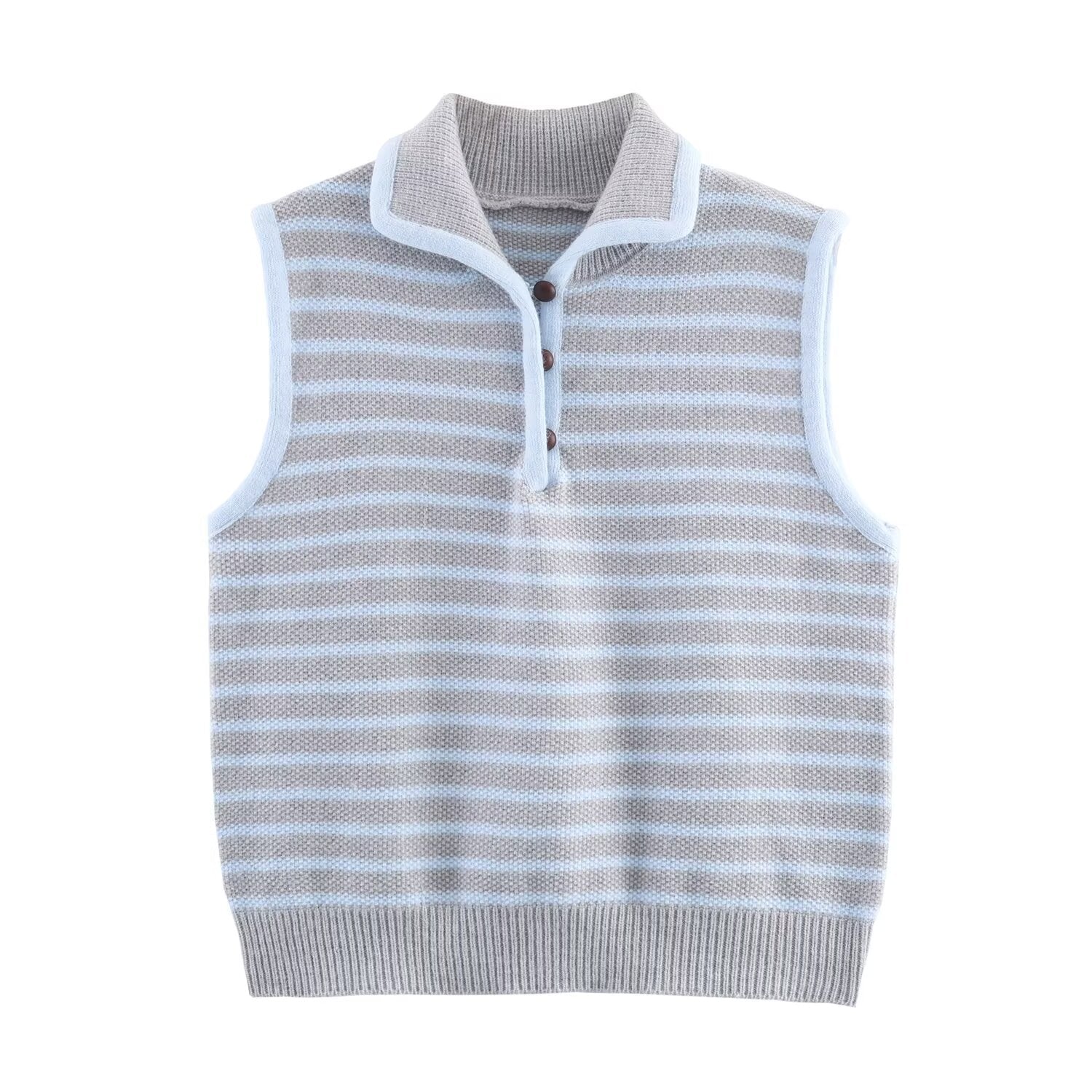 Women Clothing Fall Fresh Age Reducing Stripe Decoration Collared Short Vest