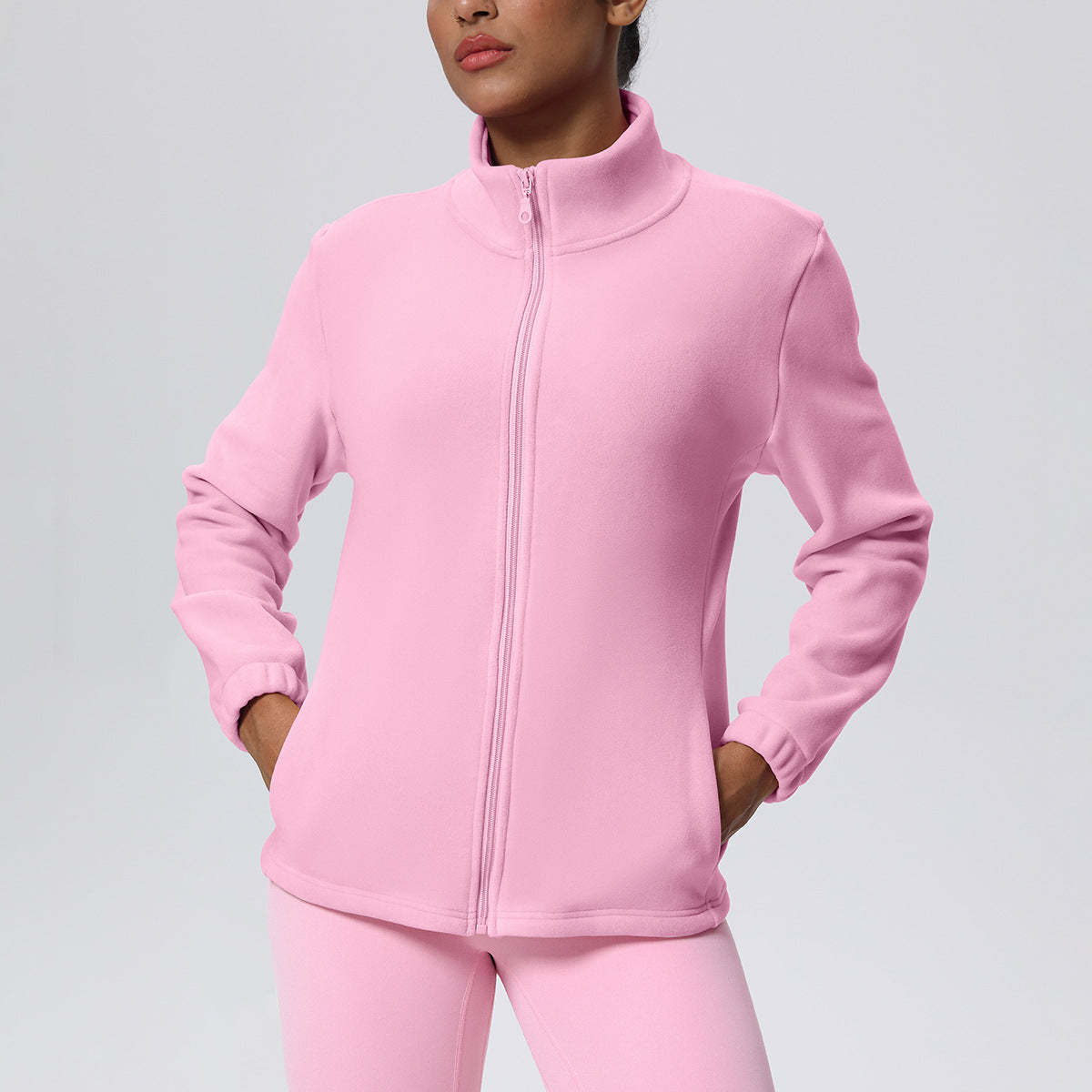 High Collar Warm Fleece Lined Zipped Sports Coat Loose Yoga Clothes Casual All Matching Women