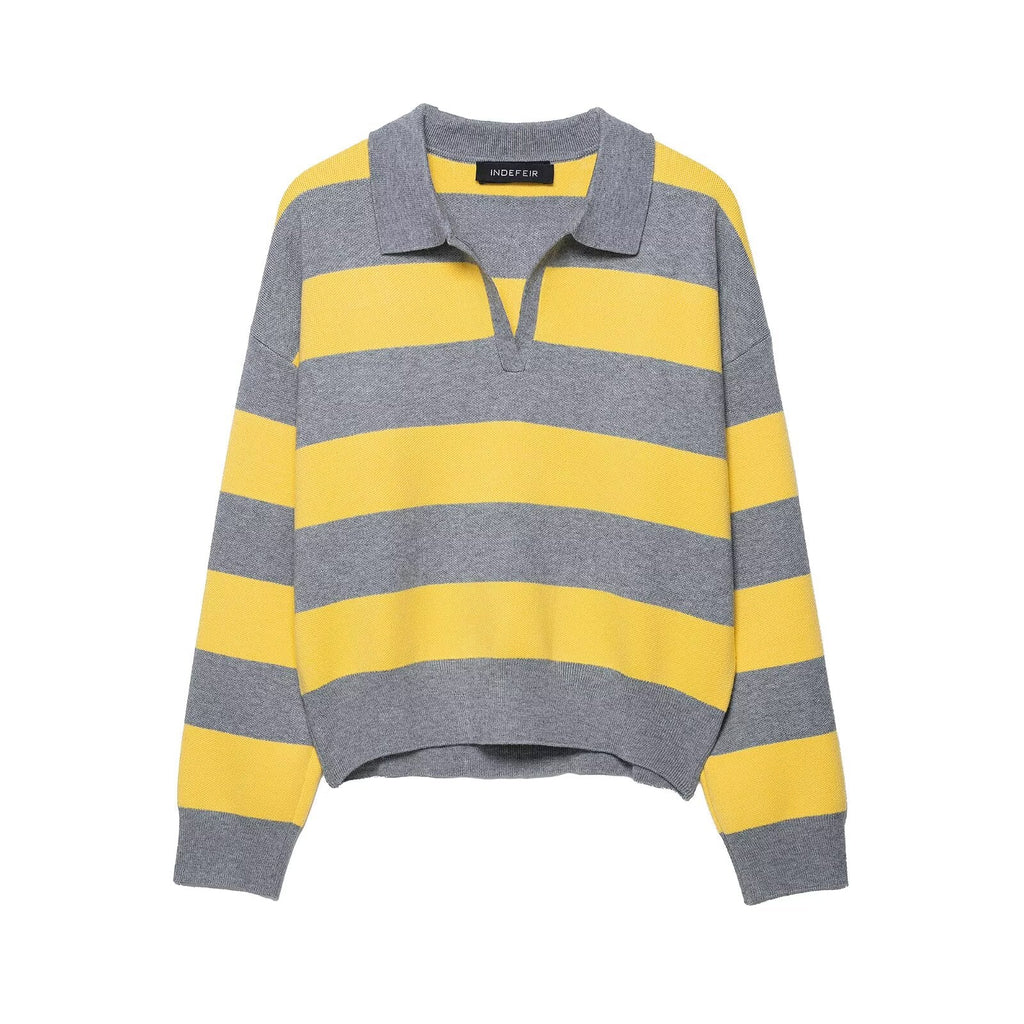 Contrast Color Striped Loose Slimming Shirt Collar Sweater Pullover Sweater