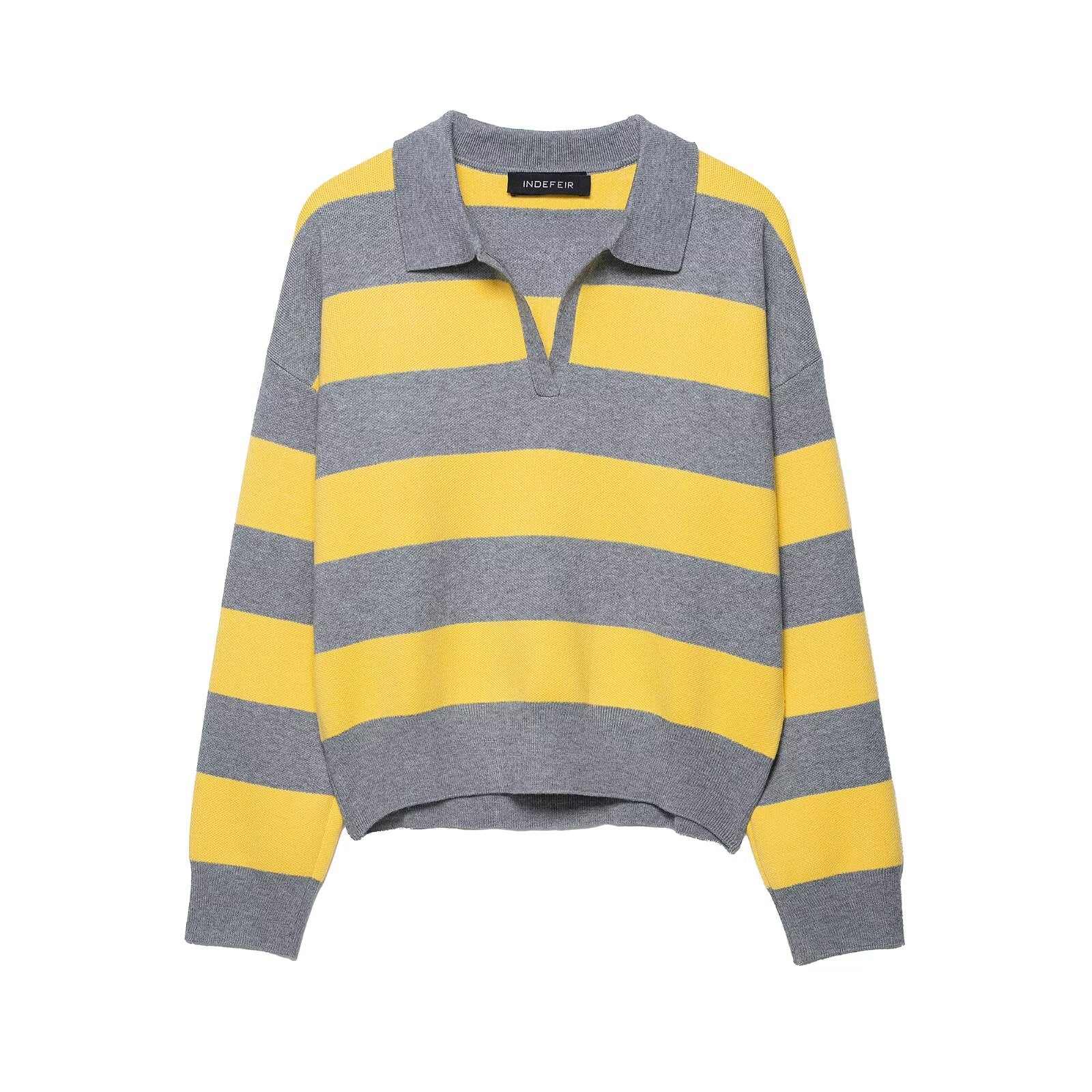 Contrast Color Striped Loose Slimming Shirt Collar Sweater Pullover Sweater