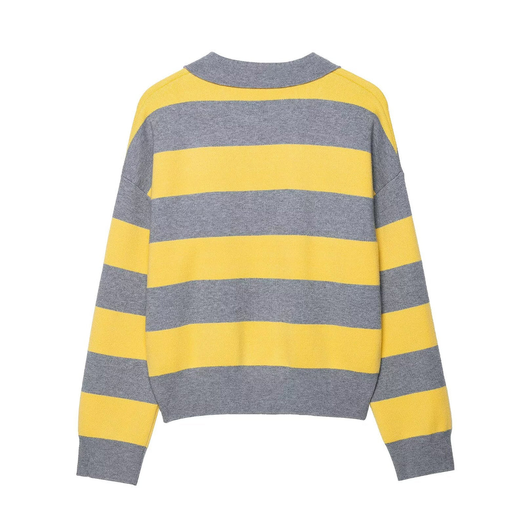 Contrast Color Striped Loose Slimming Shirt Collar Sweater Pullover Sweater