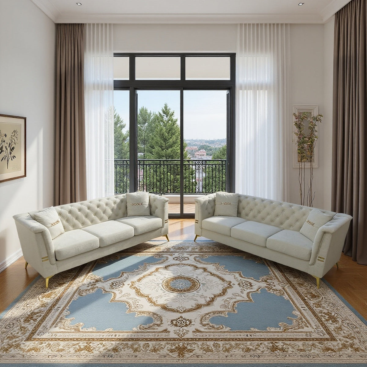 FX-P83-2PC SOFA -CW4  Modern Velvet Upholstered Sofa Set of 2, Cream White 3-Seater Sofas with Gold Metal Legs Contemporary Living Room Furniture for Family Homes, Apartments, and Lounge Spaces