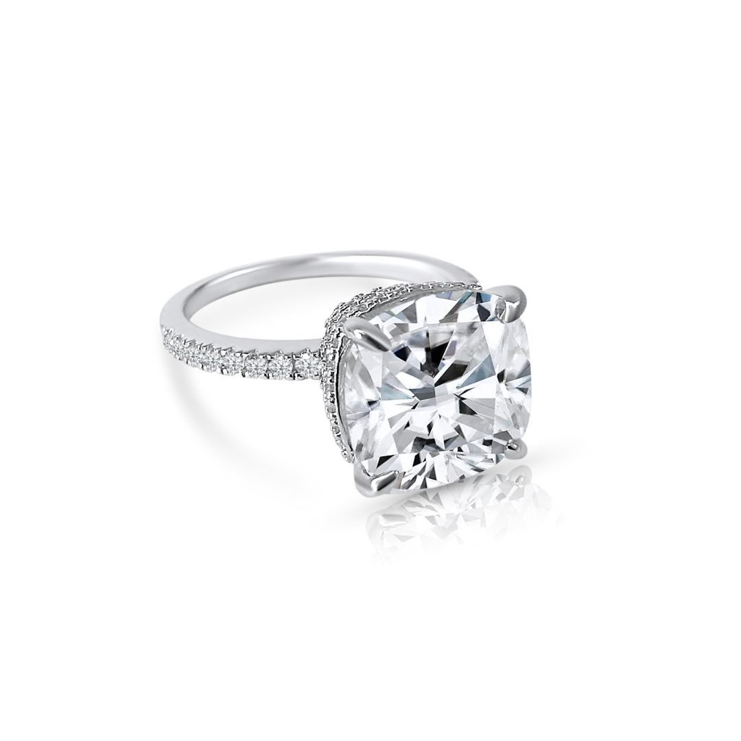 4.0ct Cushion Cut Moissanite Diamond Double Hidden Halo Engagement Ring