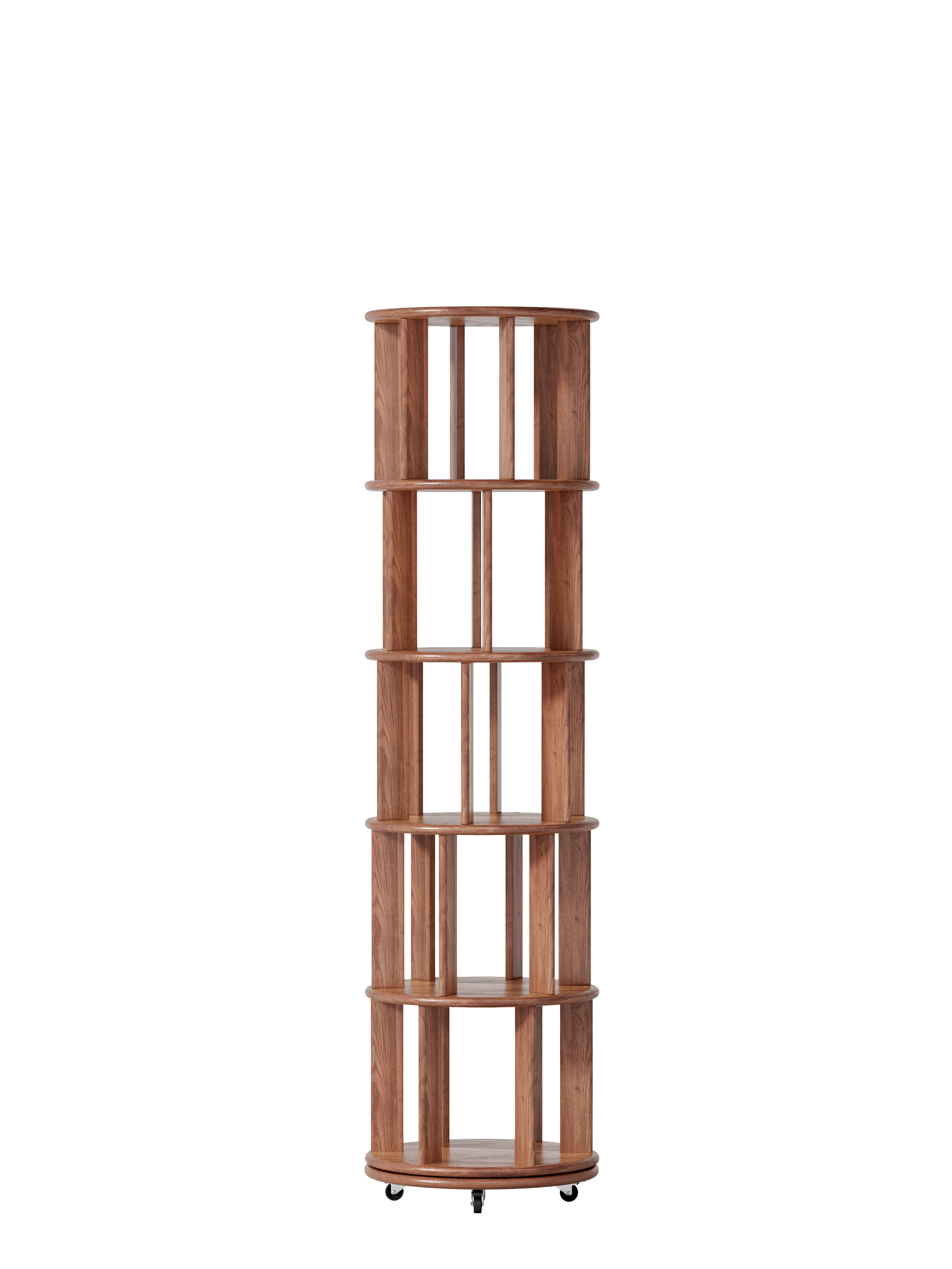100%Solid Wood Rotating Bookshelf on Wheels,5 Tier, Round Revolving Bookcase, 360° Spinning Book Shelf Tower for Kids, Narrow Rolling Bookshelves for Small Space, Corner, Bedroom, Office, Walnut