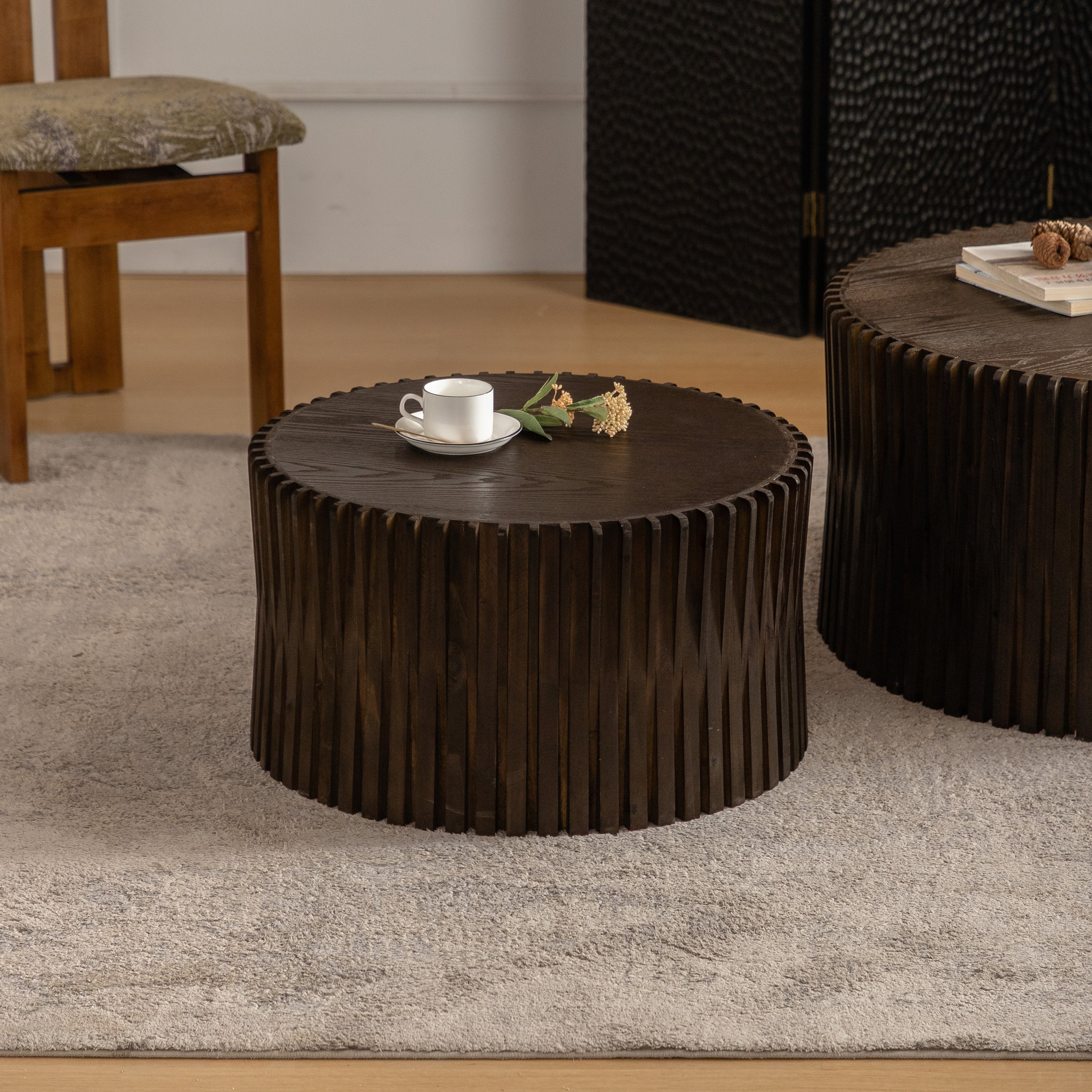 Vintage Fashion Style Cylindrical Nesting Coffee Table Set with Vertical Textured Embossed Design for Living Room, Office and Dining Room, Dark Brown (Set of 2)