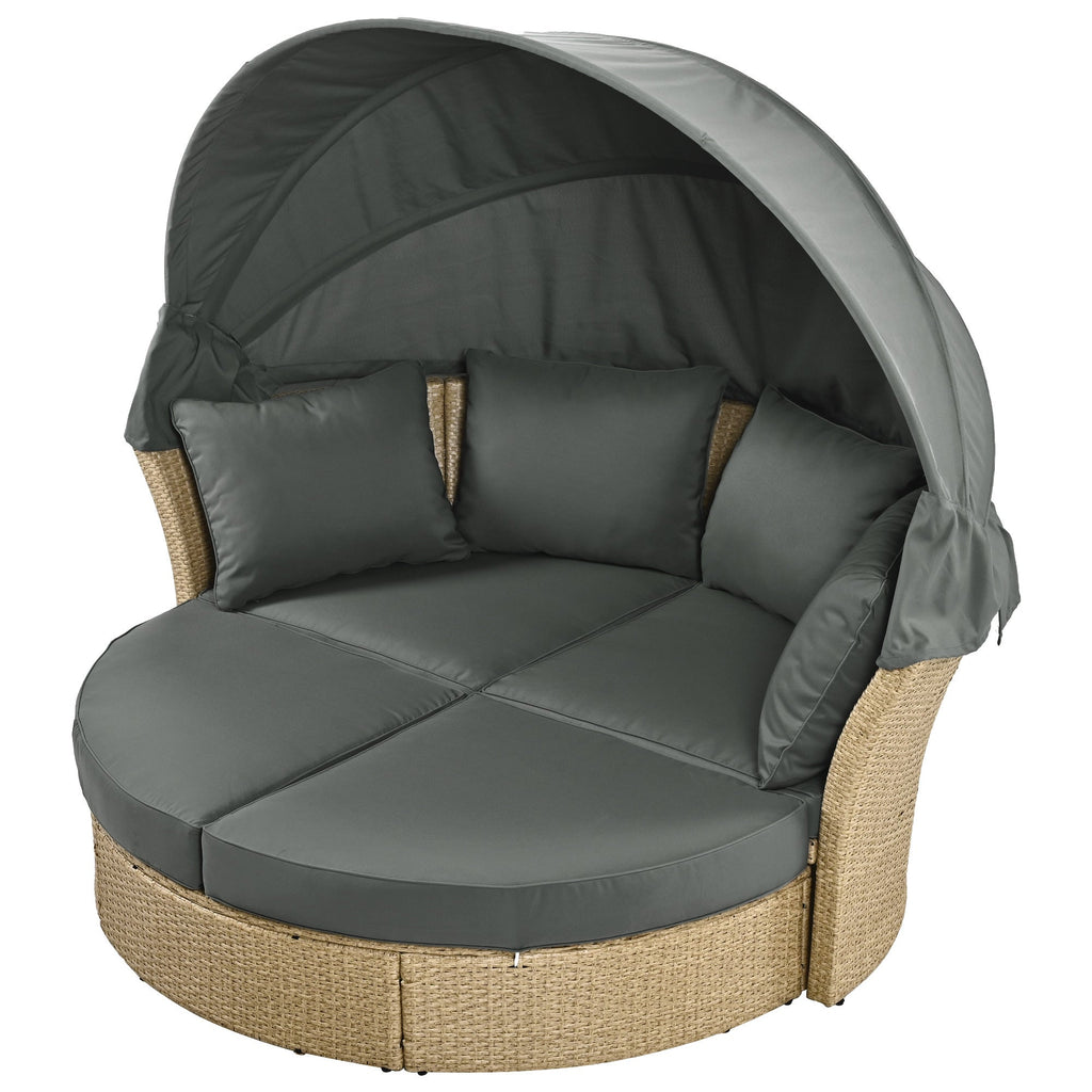 Outdoor Patio Daybed Wicker Rattan Double Daybed with Retractable Canopy, Grey, Polyester Upholstery, 71.7 x 63.4 x 62.2 inches