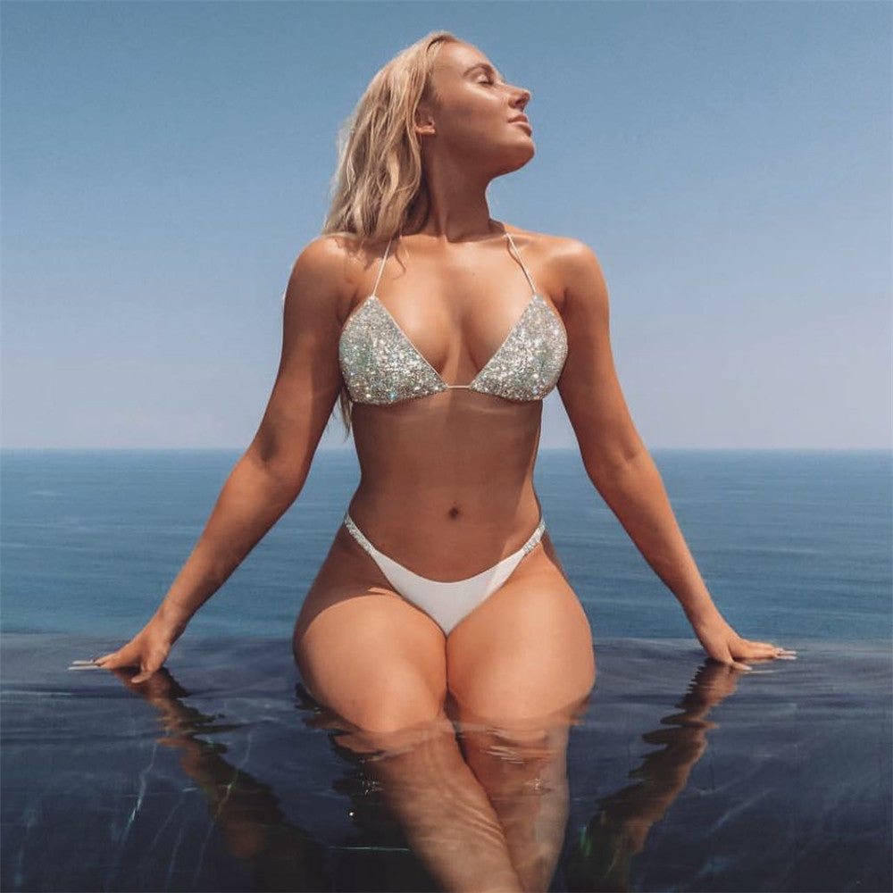 Cross-Mirror Women Clothing Beach Swimsuit Sexy Bikini Low Waist Split Rhinestone Swimsuit