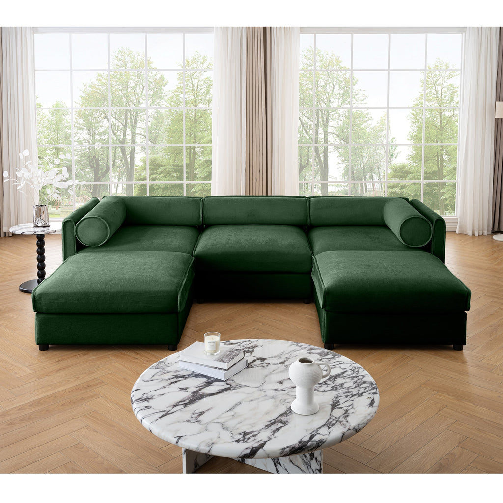 Elegant Green Chenille  Sofa with Storage Seat and Ottoman, U-Shaped 3-Seater Cylindrical Backrest and Armrests, Contemporary 3-Seater Fabric Couch with Hidden Storage Compartment