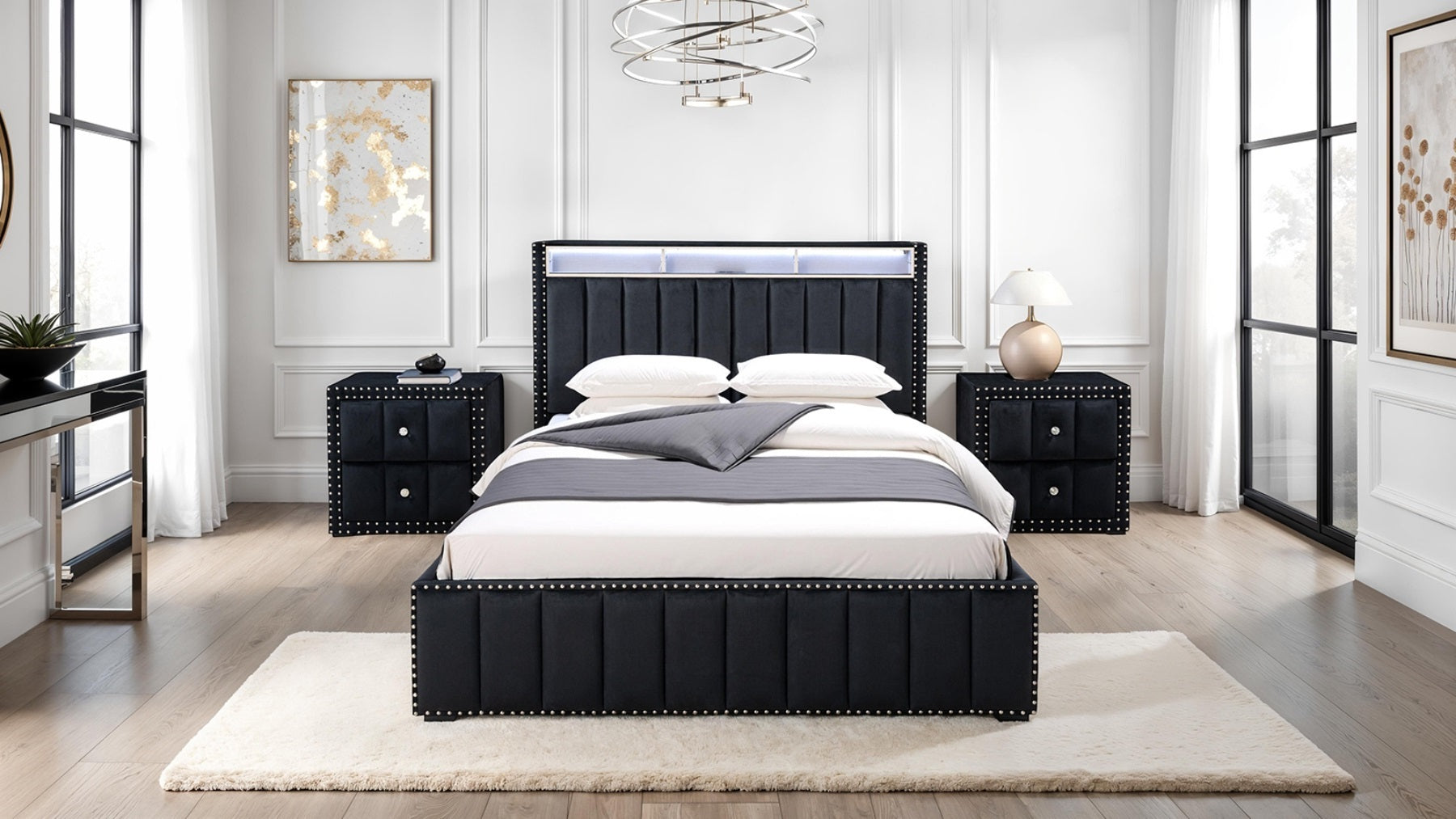 Full Size Bed And 2x Nightstands Bedroom Furniture Luxury Look Black Fabric Upholstered Bedframe w LED Nailhead Trim 3pc Bedroom Set
