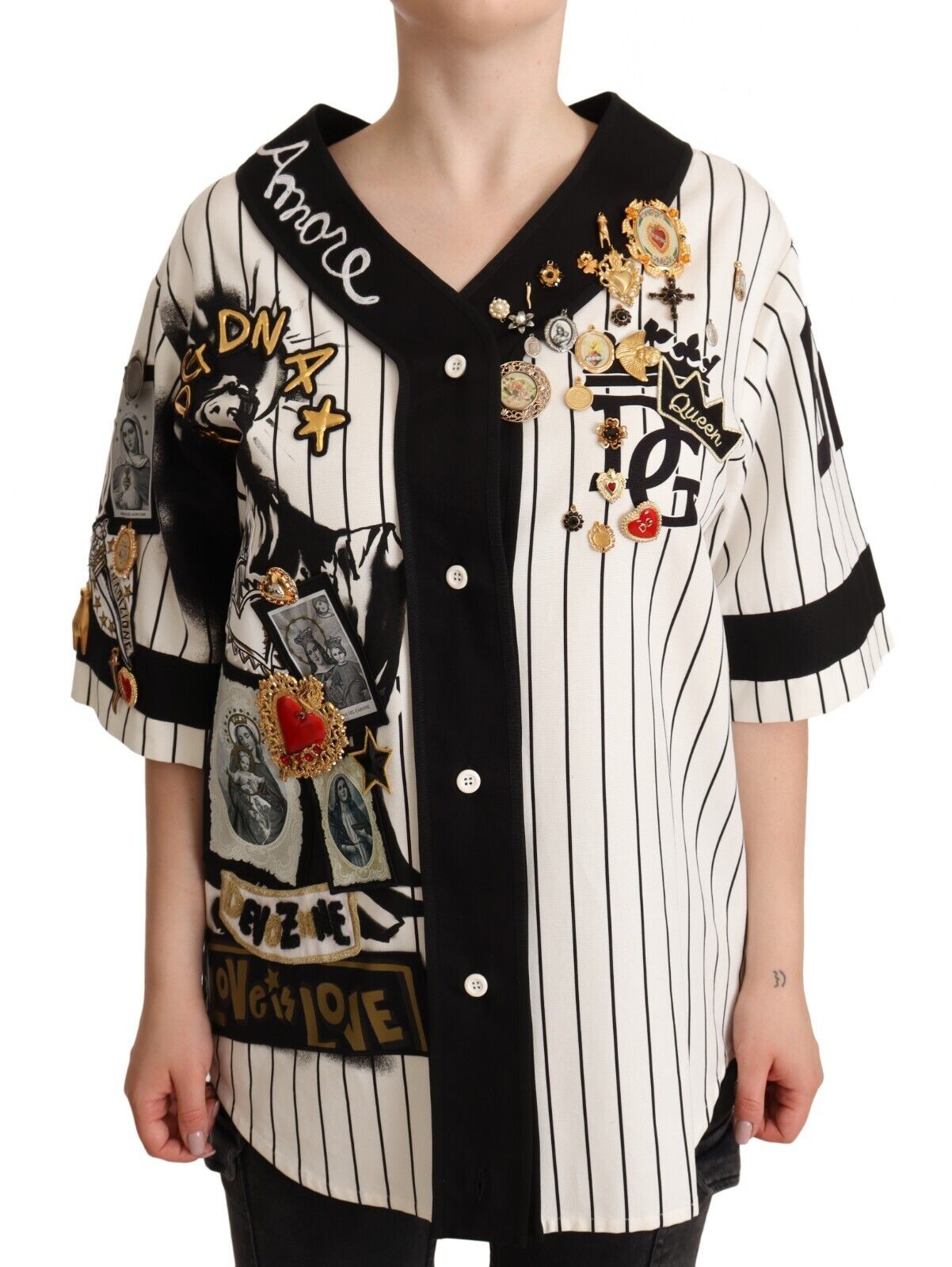Dolce & Gabbana White Cotton Crystal Charms Amore Shirt