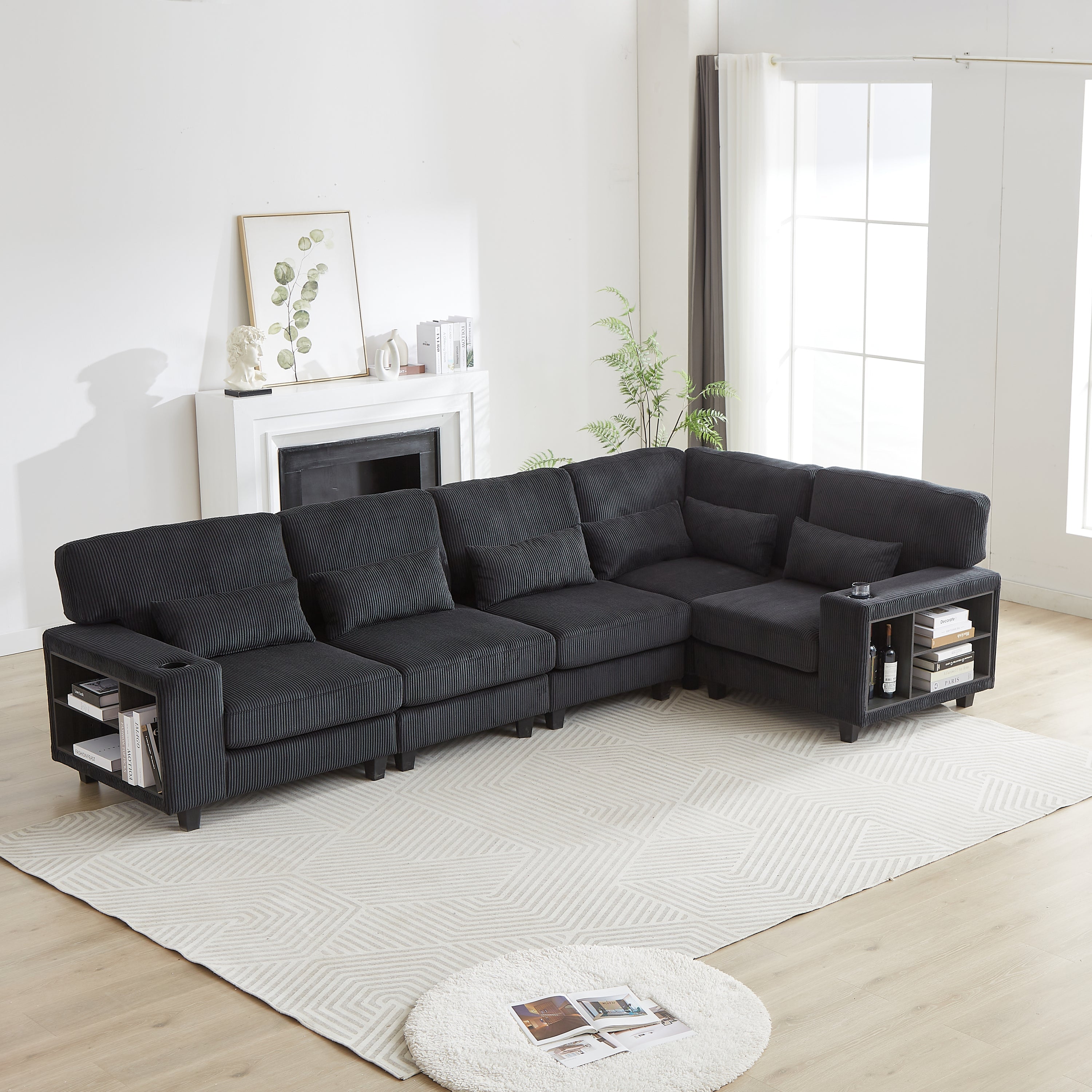 102.75*102.75' L-Shaped Modular Sectional Sofa, Modern Corduroy Sectional Sofa, Arm with Storage With Cup Holder 5-Seat Convertible Sectional Sofa for Living Room, Bedroom, Lounge and Projection Room