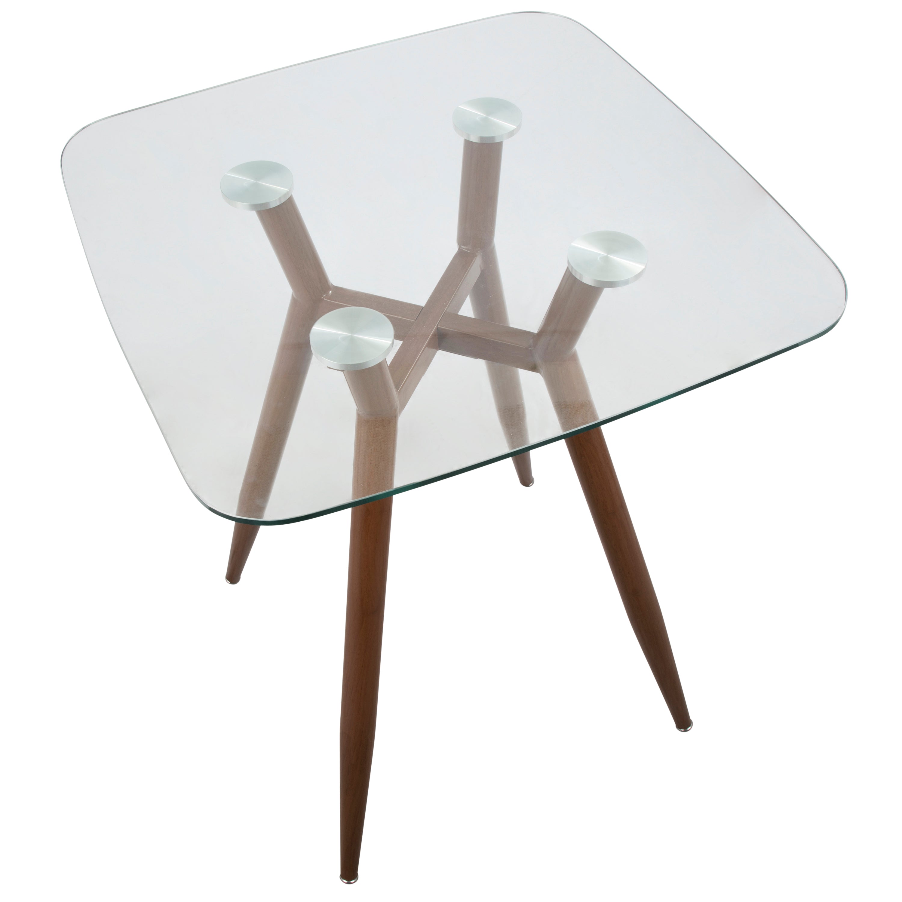 Clara Mid-Century Modern Square Counter Table with Walnut Metal Legs and Clear Glass Top by LumiSource