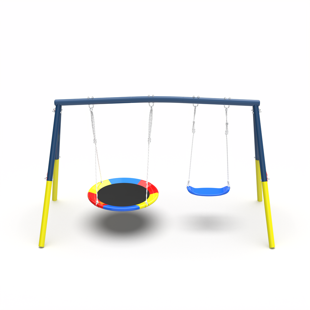 Swing Set for Backyard, 440lbs Swing Set with Heavy-Duty A-Frame Metal Outdoor Swing Stand, 1 Saucer Swing Seat & 1 Belt Swings Seat
