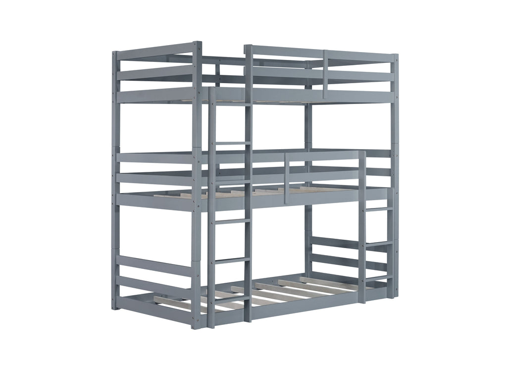 Triple Rubber Wood Bunk Bed with Two Built-in Ladders, Guardrails, Twin over Twin over Twin, Detachable Triple Twin Bunk Bed,Grey