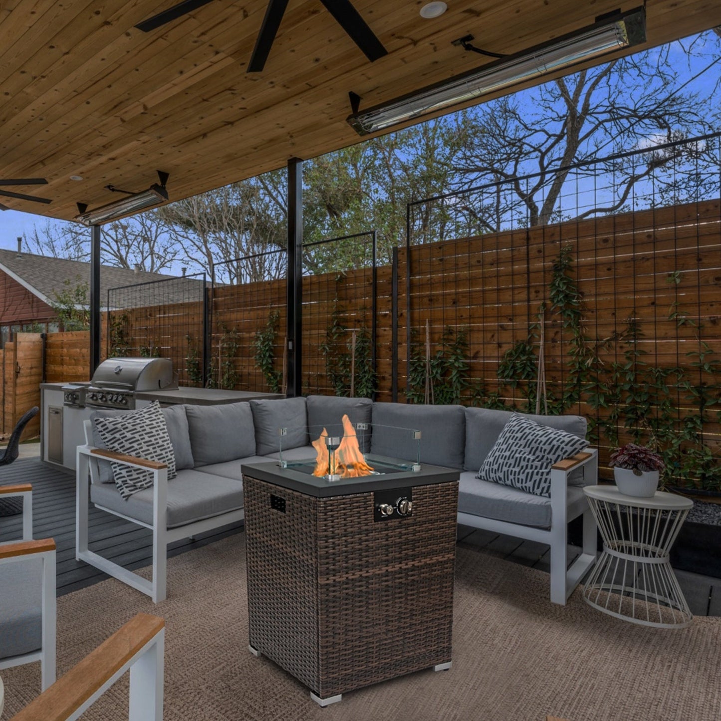 FlameHaven™ – Wicker Propane Fire Pit Column with Glass Wind Guard US