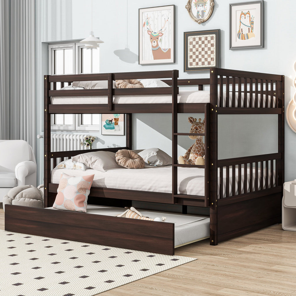 Full Over Full Rubber Wood Bunk Bed with Trundle, Ladder and Guardrails, Convertible to 2 Full Size Beds, with Twin Size Trundle ,Espresso