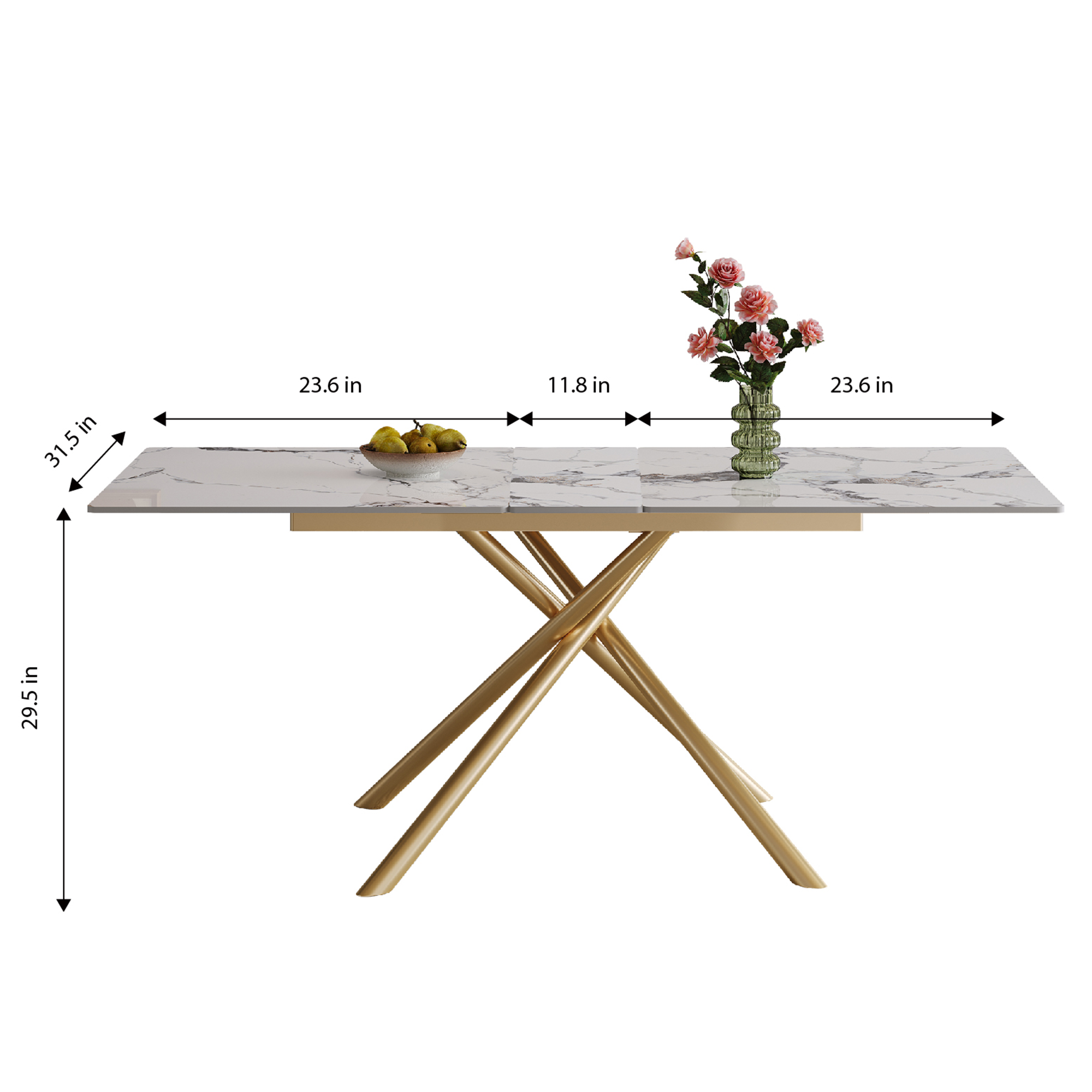 59-inch Modern rectangle Expandable Dining Table with Retractable Leaf, Sintered Stone Top & Golden Carbon Steel X-Base, Sturdy 4-6 Person Table for Small Apartments, Kitchen, Dining Room