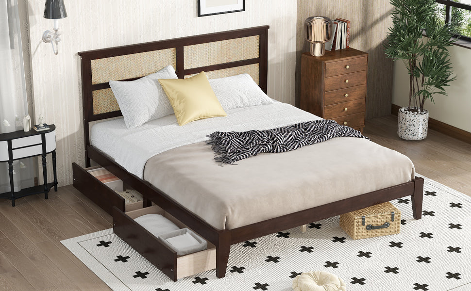 King Size Bed with Rattan Headboard, Two Storage Drawers, Rubber Wood Bed with Enhanced  Support Salts and Feet,Espresso