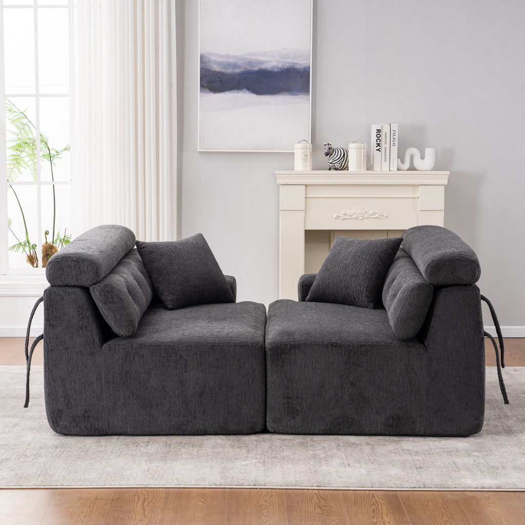 LY-029 GRAY COMPRESSION SOFA: 4-seater combined sofa, Wood Grain Chenille fabric, full sponge compression sofa,combined sofa with 2 pillows  for living/ Home Furniture/ Apartment