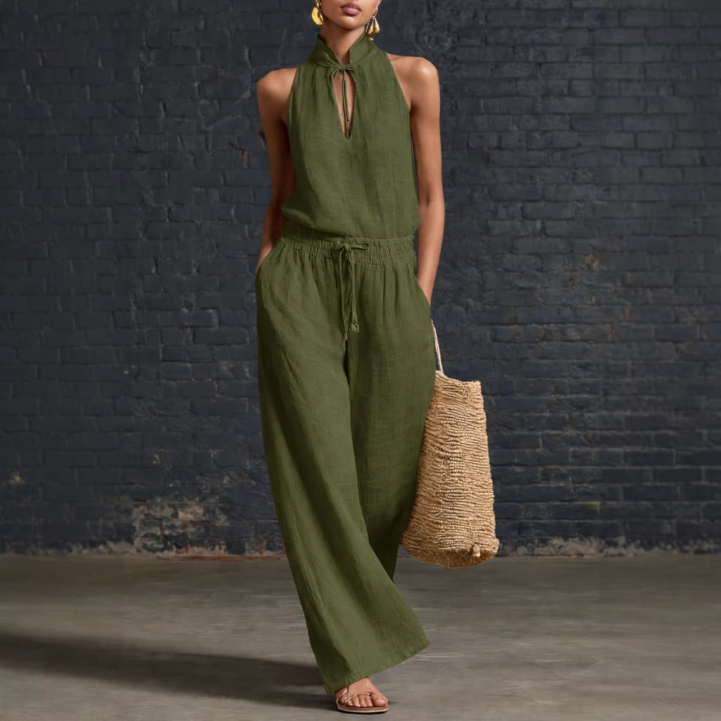 Women's Cotton Linen Sleeveless Top & Wide-Leg Pants Two-Piece Set
