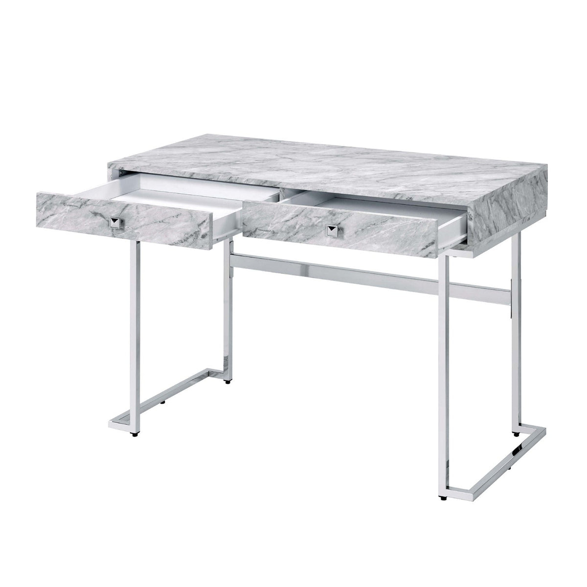Rectangular Writing Desk with 2 Drawers, White Engineered Stone Top and Chrome