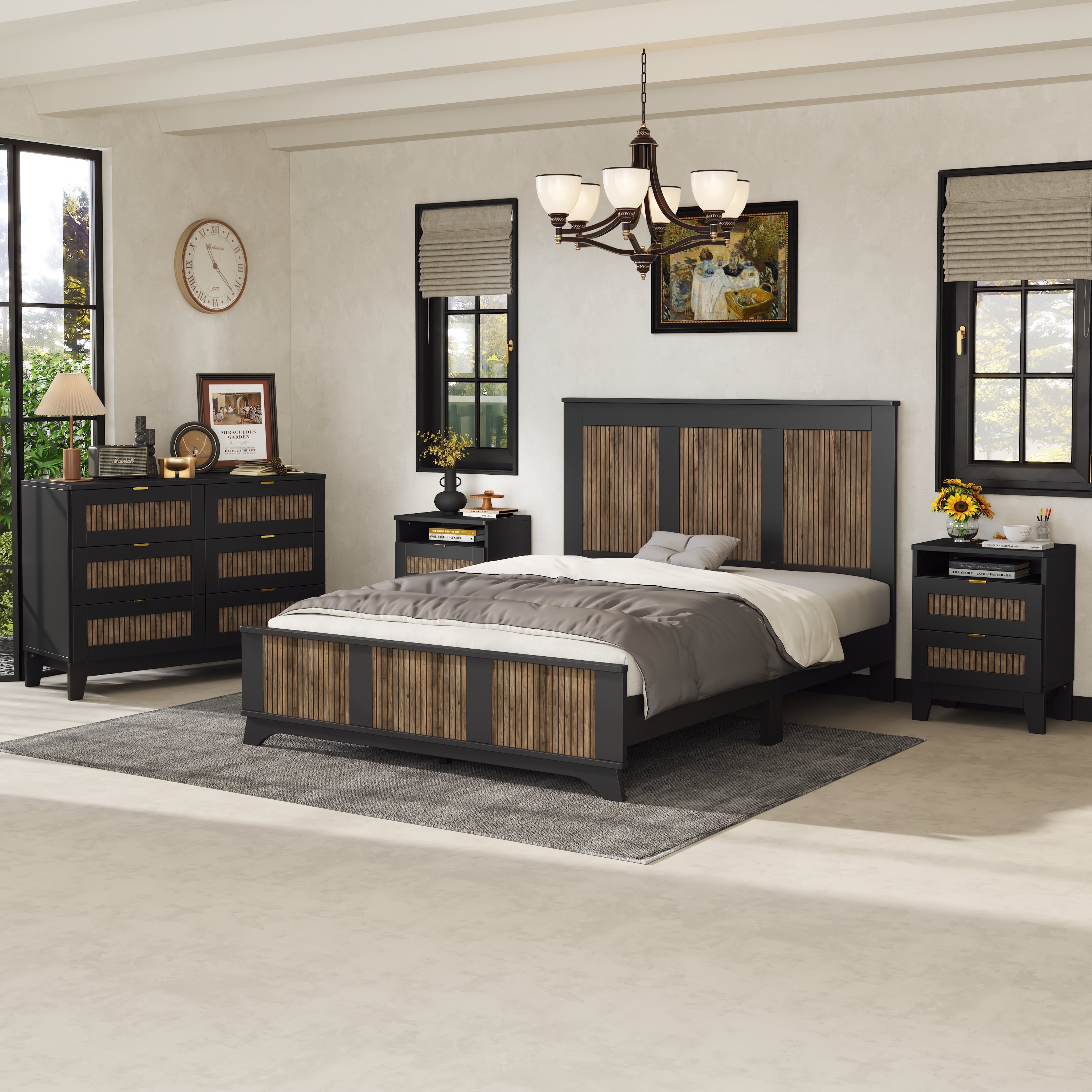4-Pieces Bedroom Sets, Queen Size Farmhouse Platform Bed with Wooden Strip Stickers Decoration, Storage Nightstand and Dresser with Metal Handle, Black(Old SKU: HL000191AAB)