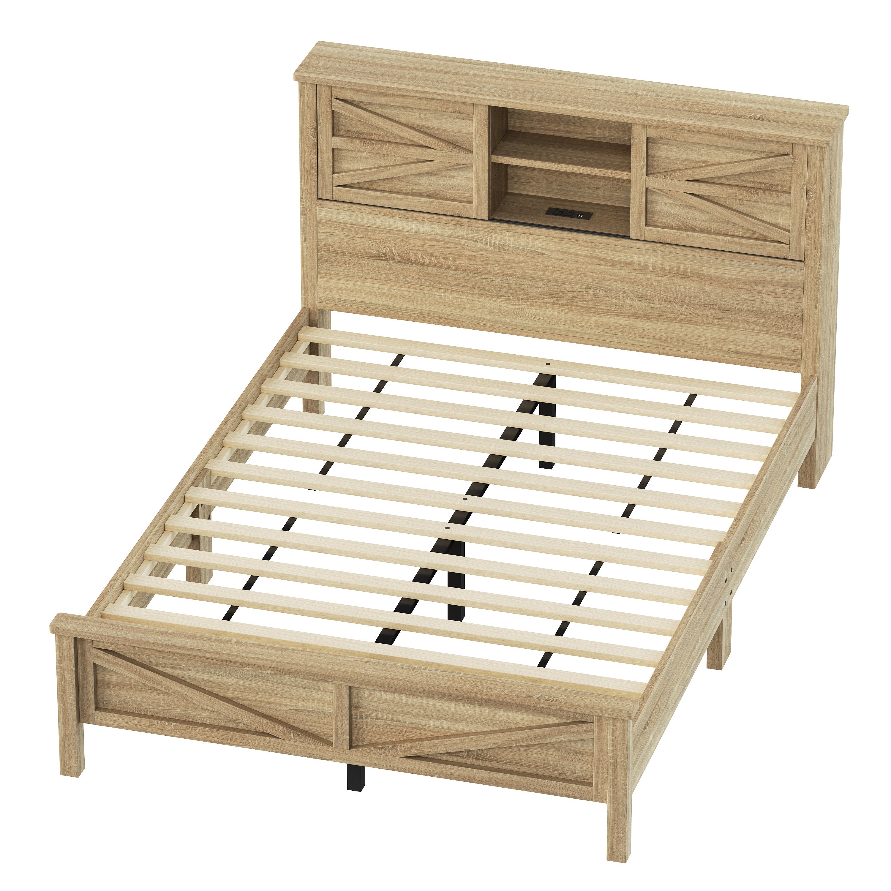 3-Pieces Bedroom Sets Queen Size Farmhouse Platform Bed with Double Sliding Door Storage Headboard and Charging Station, Storage Nightstand and Dresser, Natural