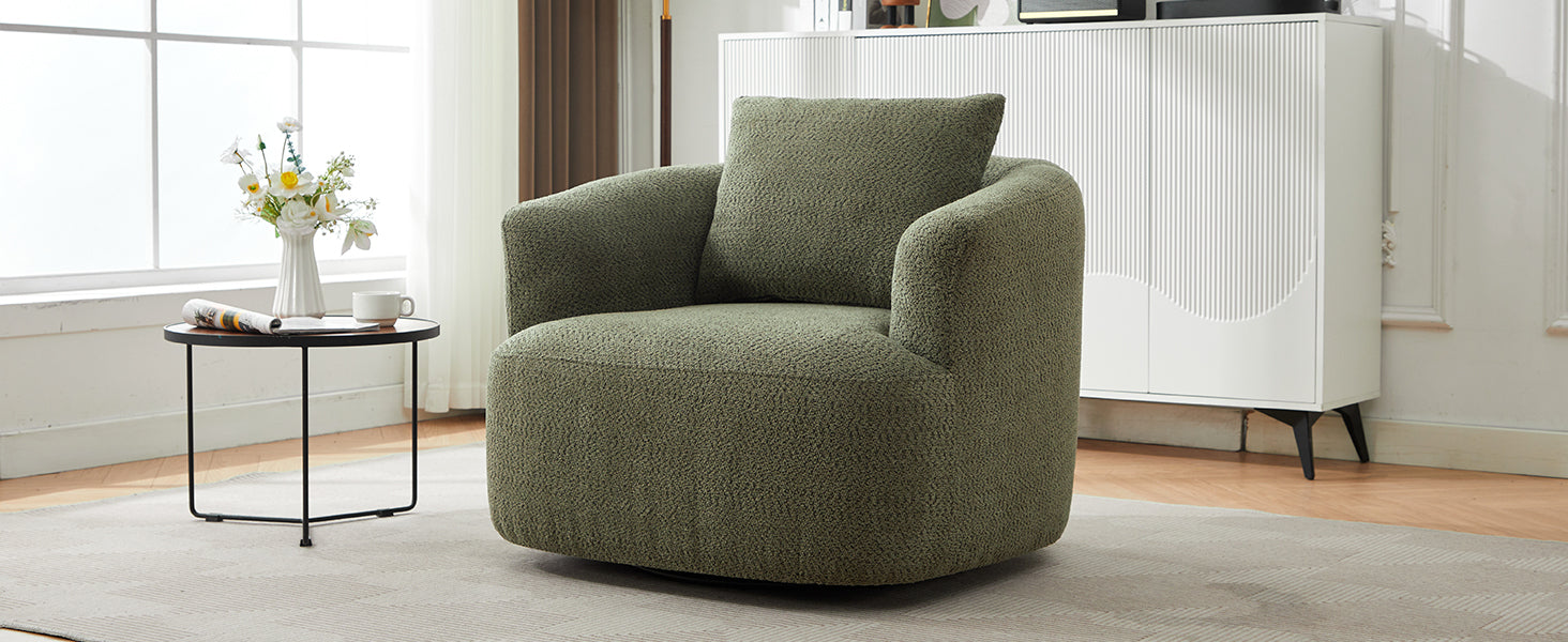 360° Swivel Chair, Chenille Upholstered Barrel Sofa Chair with Throw Pillow, Green, 38.2' for Living Room, Bedroom, Office