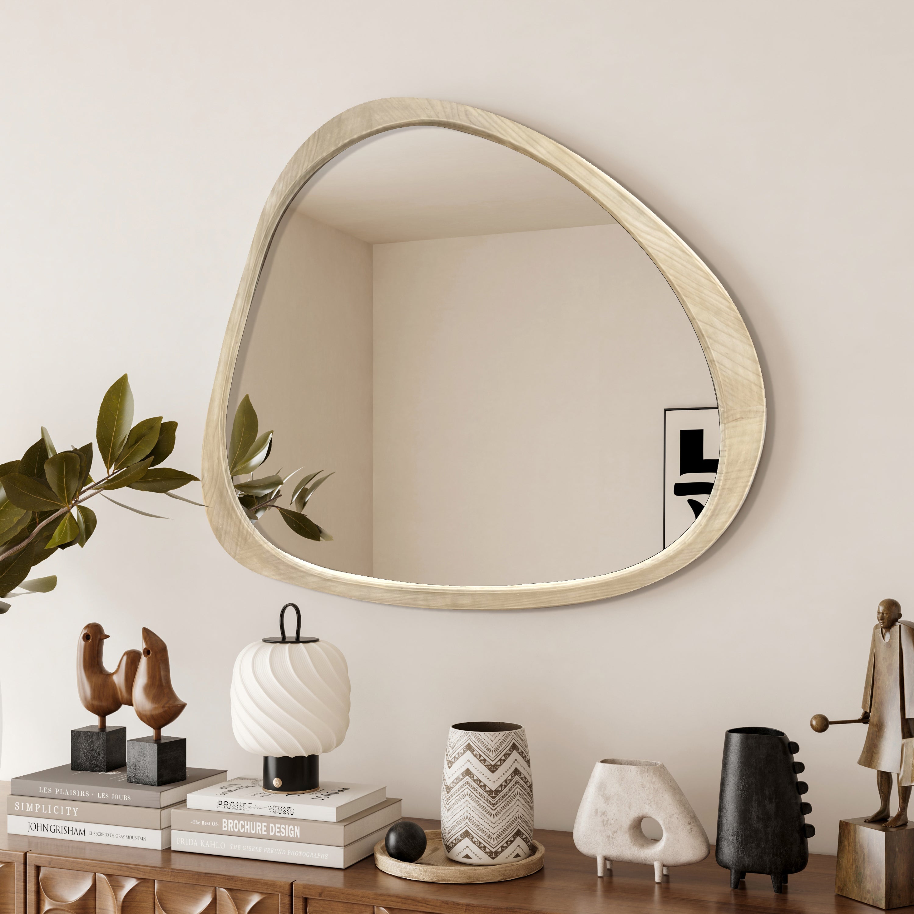 Solid Wood Mirror 45 Inch Asymmetrical Wall Mirror Wooden Framed Mirror Large Sized Dressing Mirror, for Living Room, Bedroom, Bathroom, Hallway or Entry Way, Natural Wood Washed